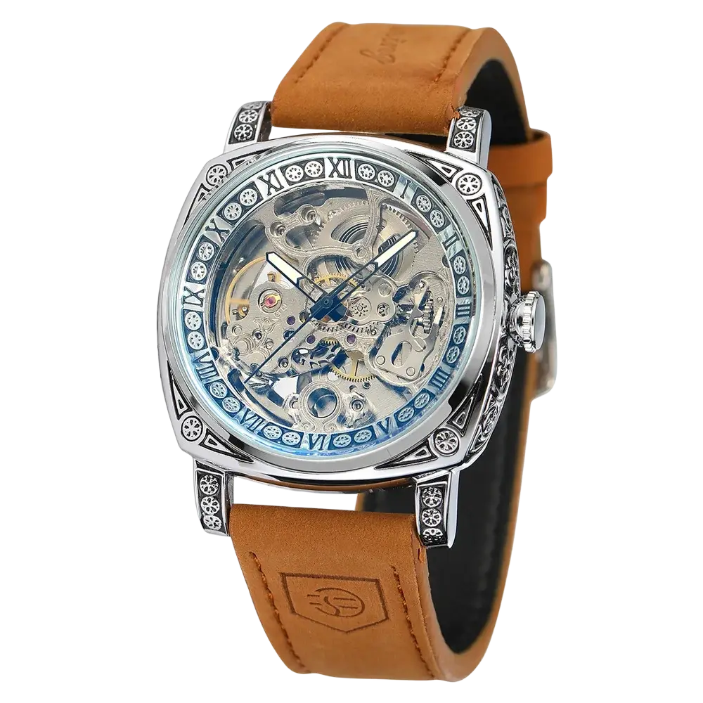 Forsining automatic mechanical skeleton watch with silver case, transparent face, roman numeral bezel, and tan leather strap