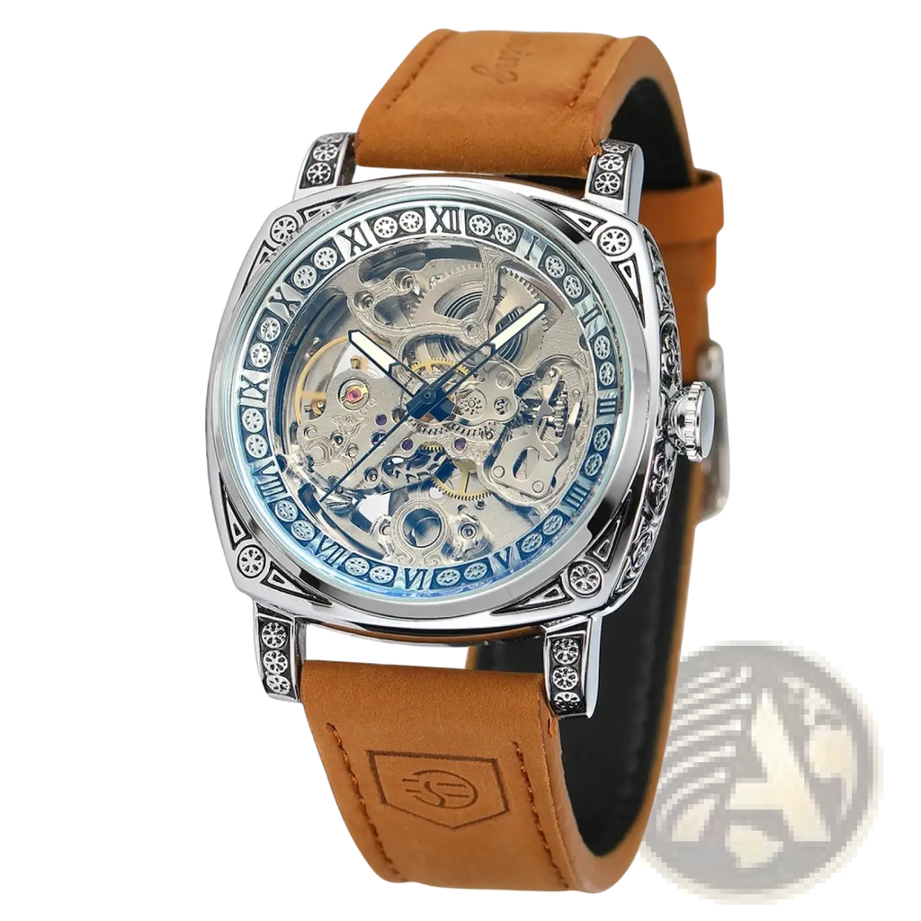 Forsining automatic mechanical skeleton watch with silver case, transparent face, roman numeral bezel, and tan leather strap