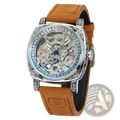 Forsining automatic mechanical skeleton watch with silver case, transparent face, roman numeral bezel, and tan leather strap