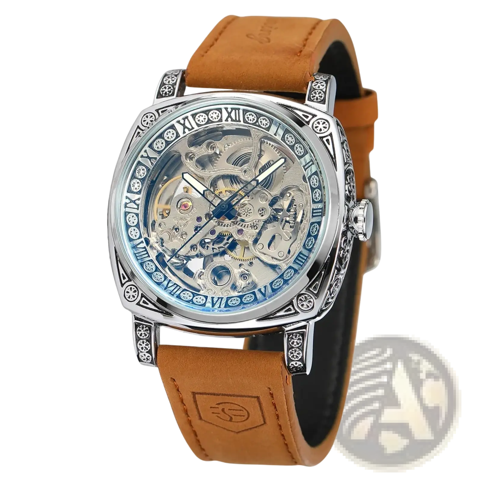 Forsining automatic mechanical skeleton watch with silver case, transparent face, roman numeral bezel, and tan leather strap