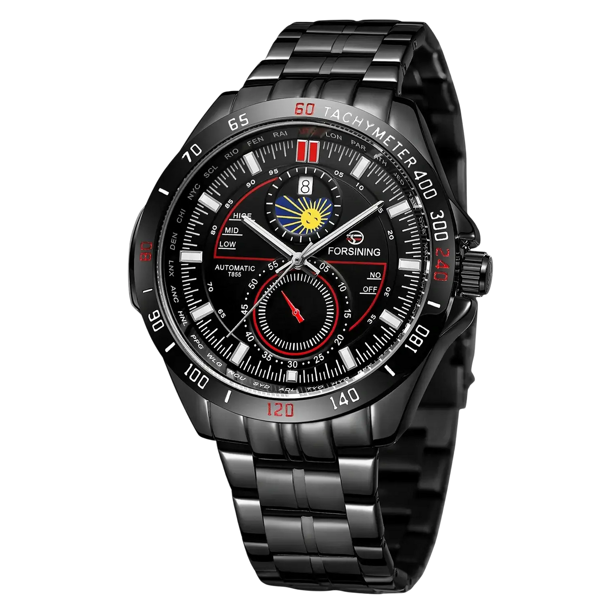 Black Forsining automatic mechanical watch with sleek metallic bracelet and bold red accents on the dial