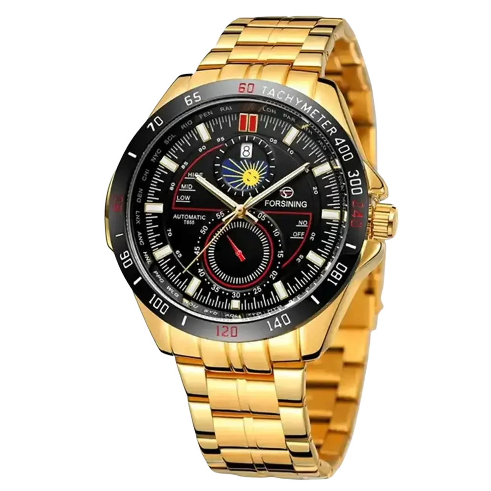 Forsining automatic mechanical watch in gold-tone stainless steel with black dial and red tachymeter accents