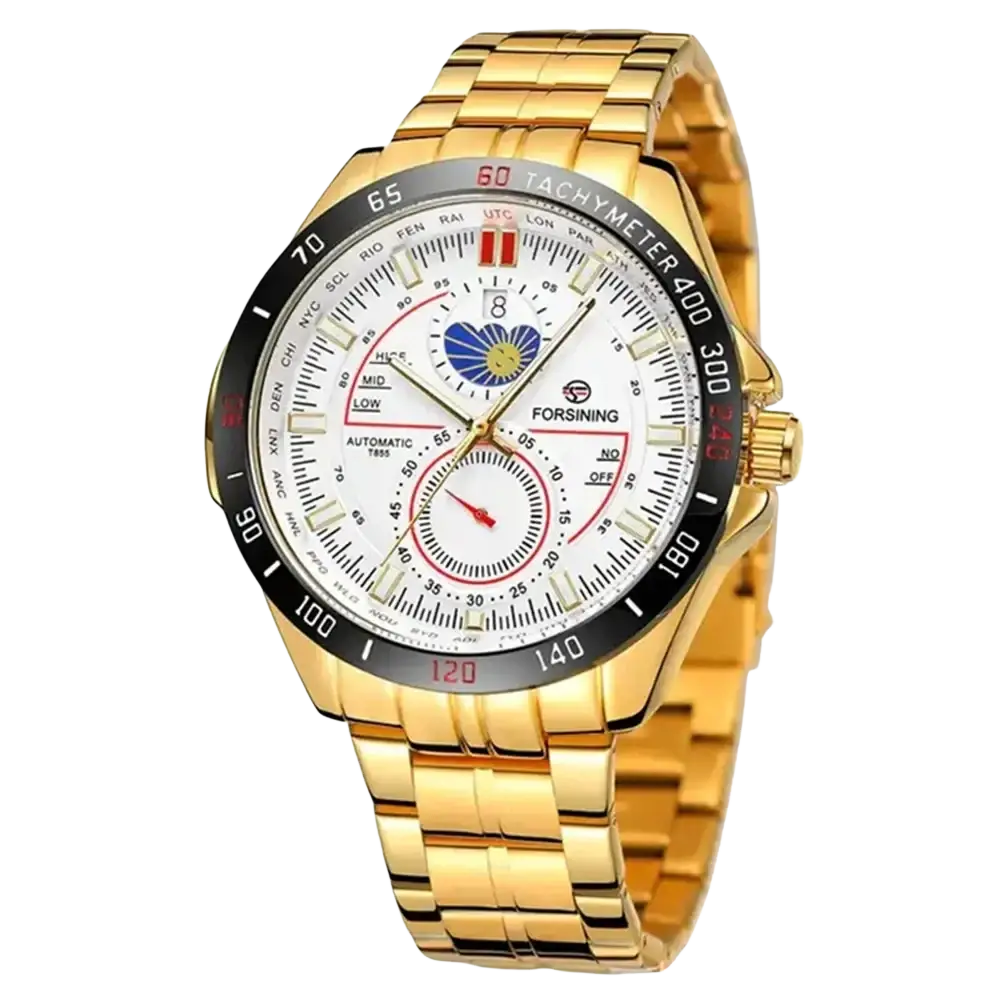 Gold-tone stainless steel forsining automatic mechanical men’s watch with white dial black red tachymeter bezel and blue flower design