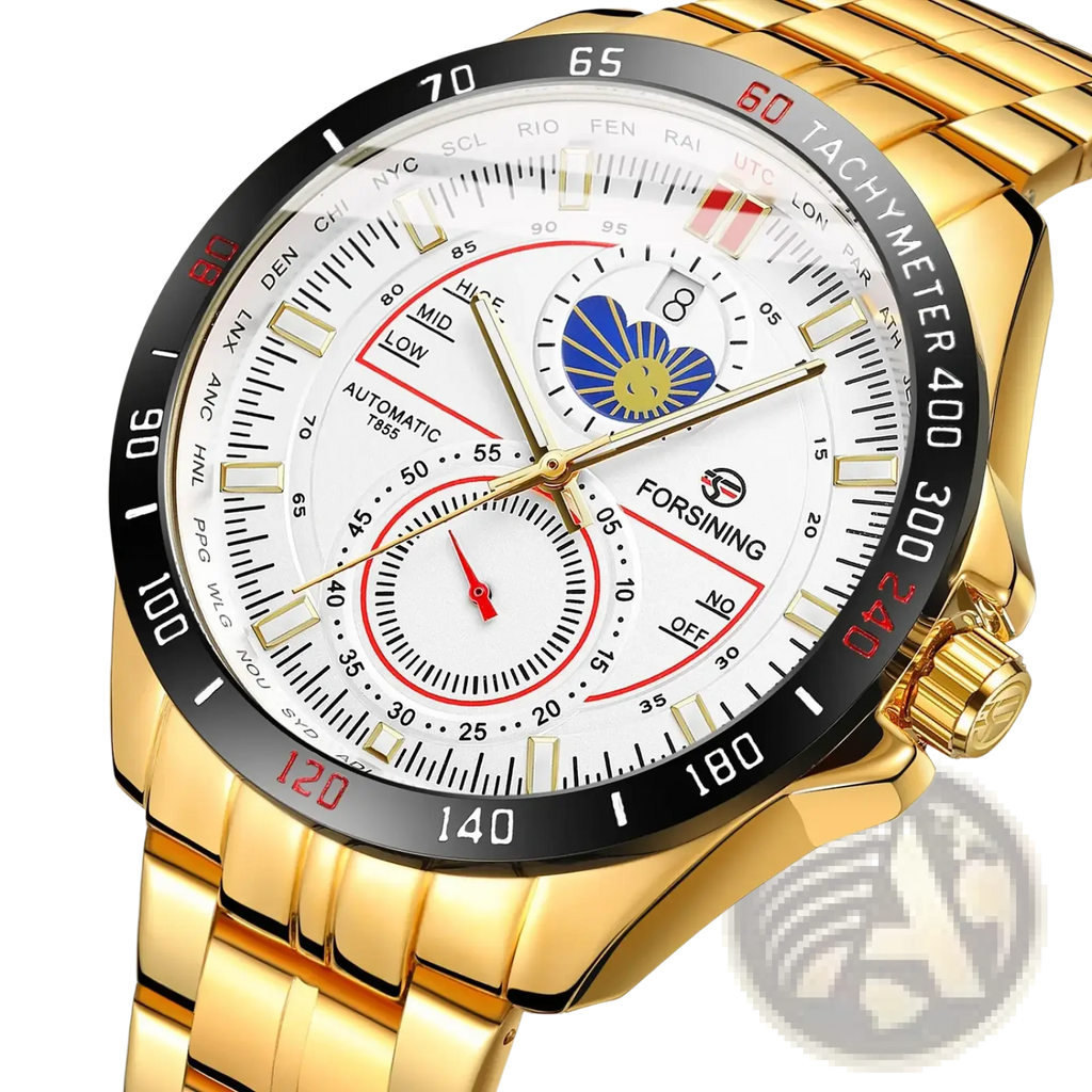 Forsining automatic mechanical men’s wristwatch gold-toned stainless steel with white dial and black red tachymeter bezel