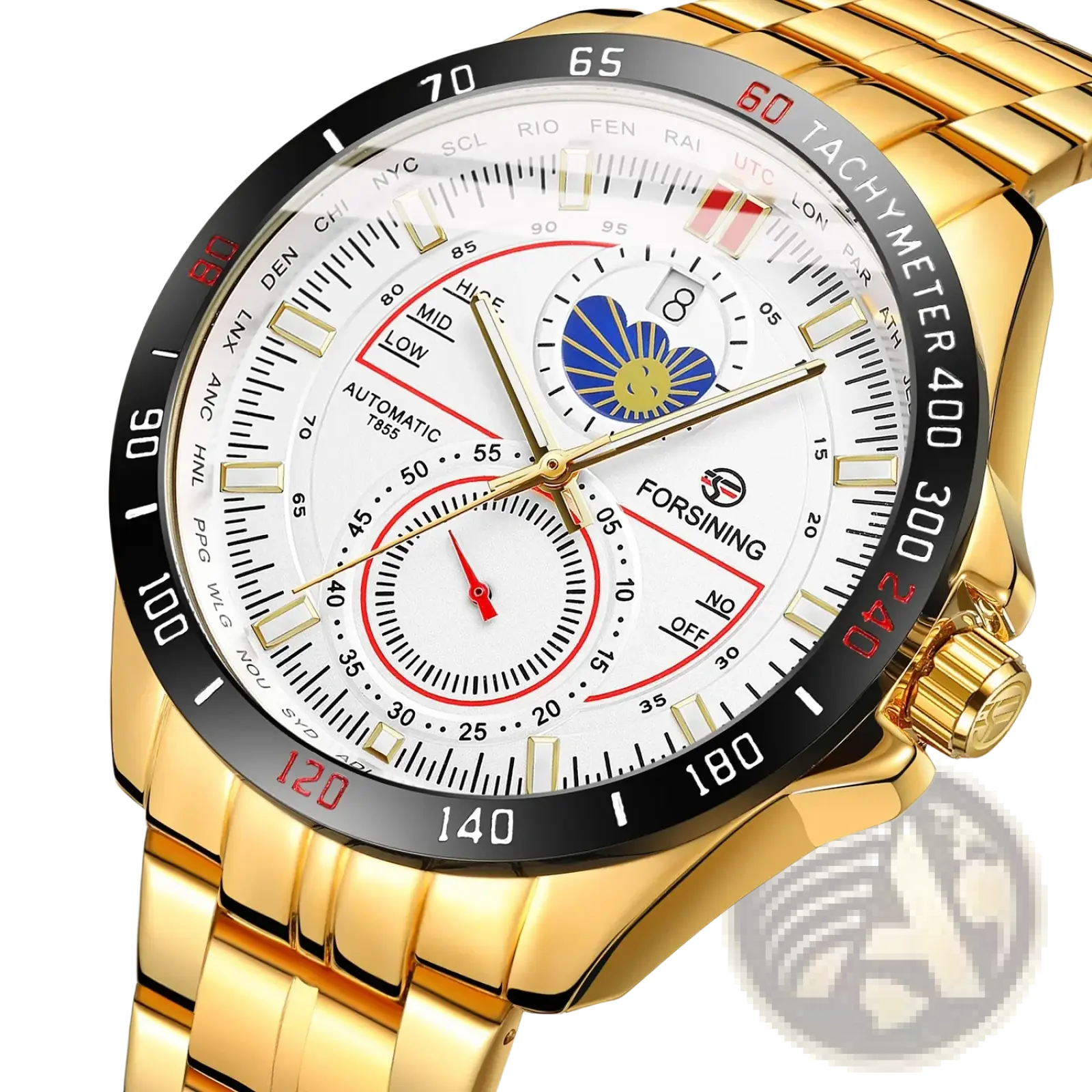 Forsining automatic mechanical men’s wristwatch gold-toned stainless steel with white dial and black red tachymeter bezel