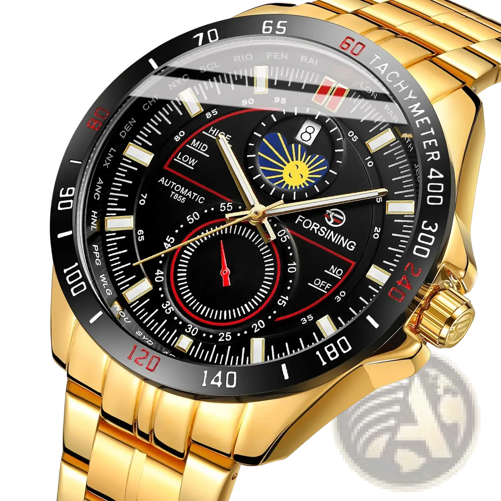 Gold-toned stainless steel forsining automatic mechanical men’s wristwatch with black dial and red white markings