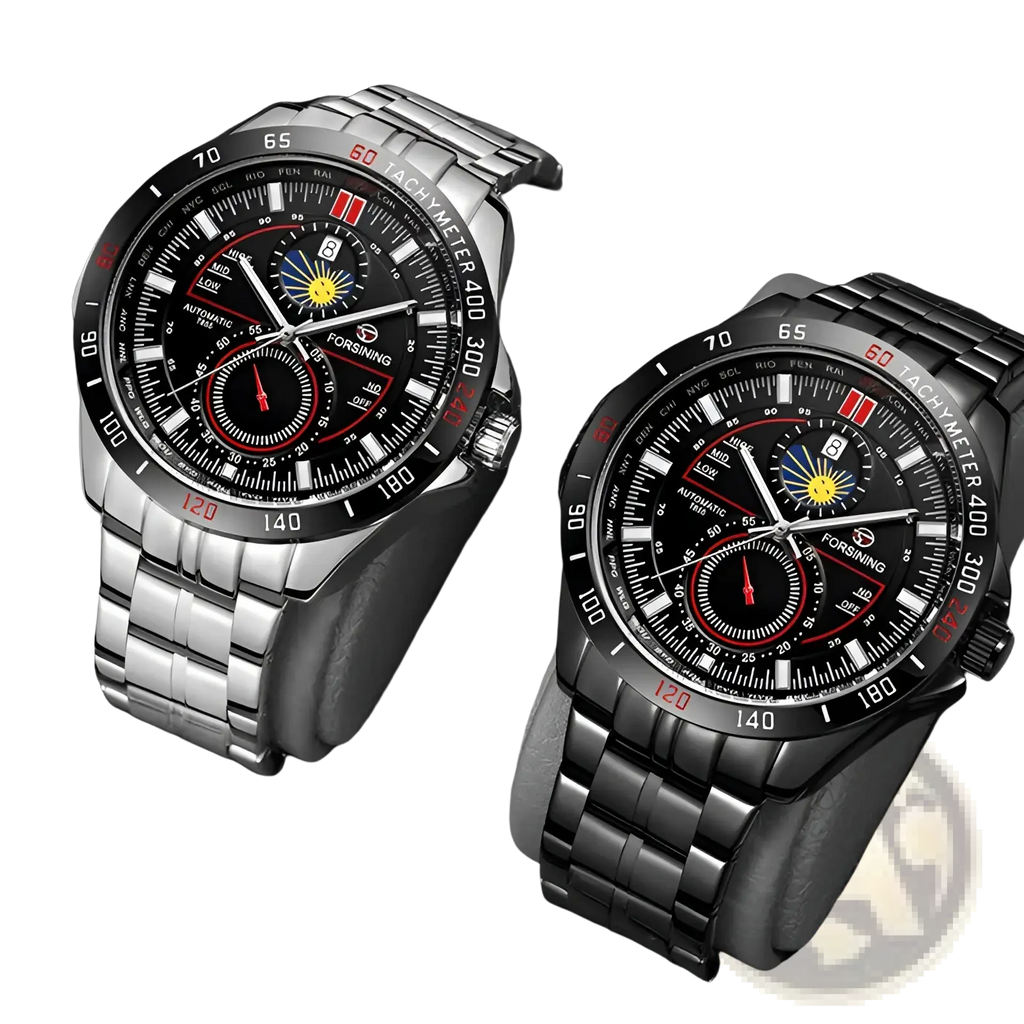 A pair of forsining automatic mechanical chronograph watches with black dials red accents and silver and black stainless steel bracelets