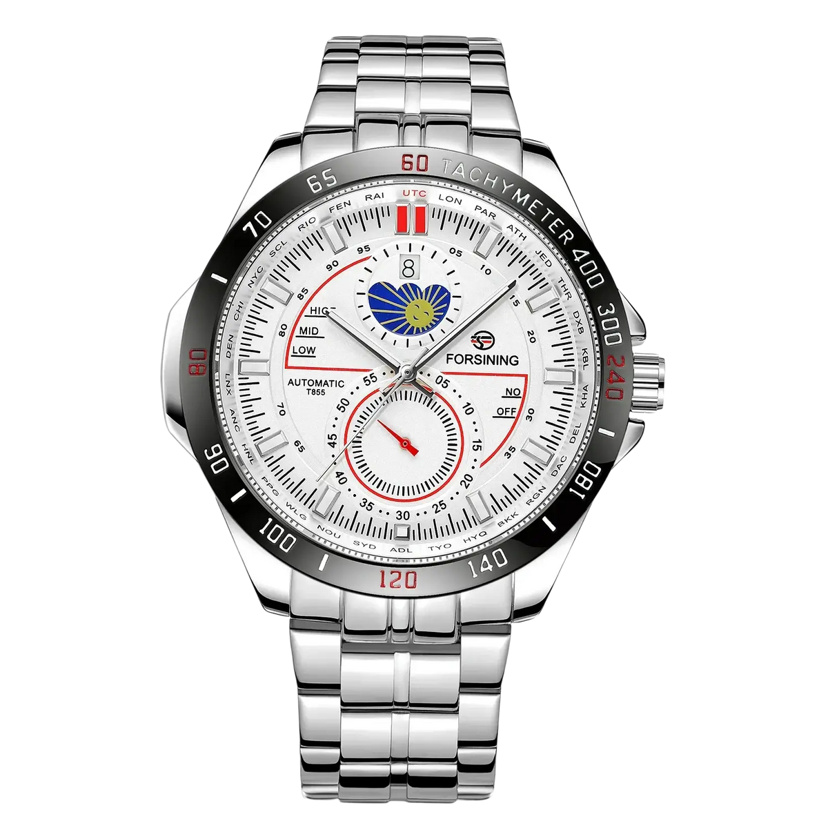 Forsining automatic mechanical men’s watch with silver stainless steel, white dial, red accents, and blue yellow heart design