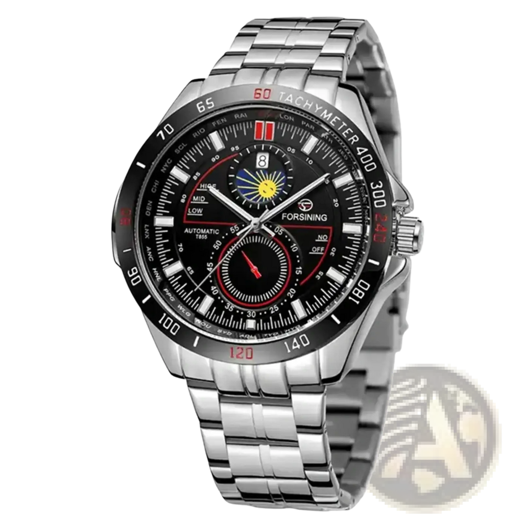 Forsining automatic mechanical watch silver stainless steel men black dial red accents date window sun graphic