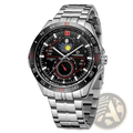 Forsining automatic mechanical watch silver stainless steel men black dial red accents date window sun graphic