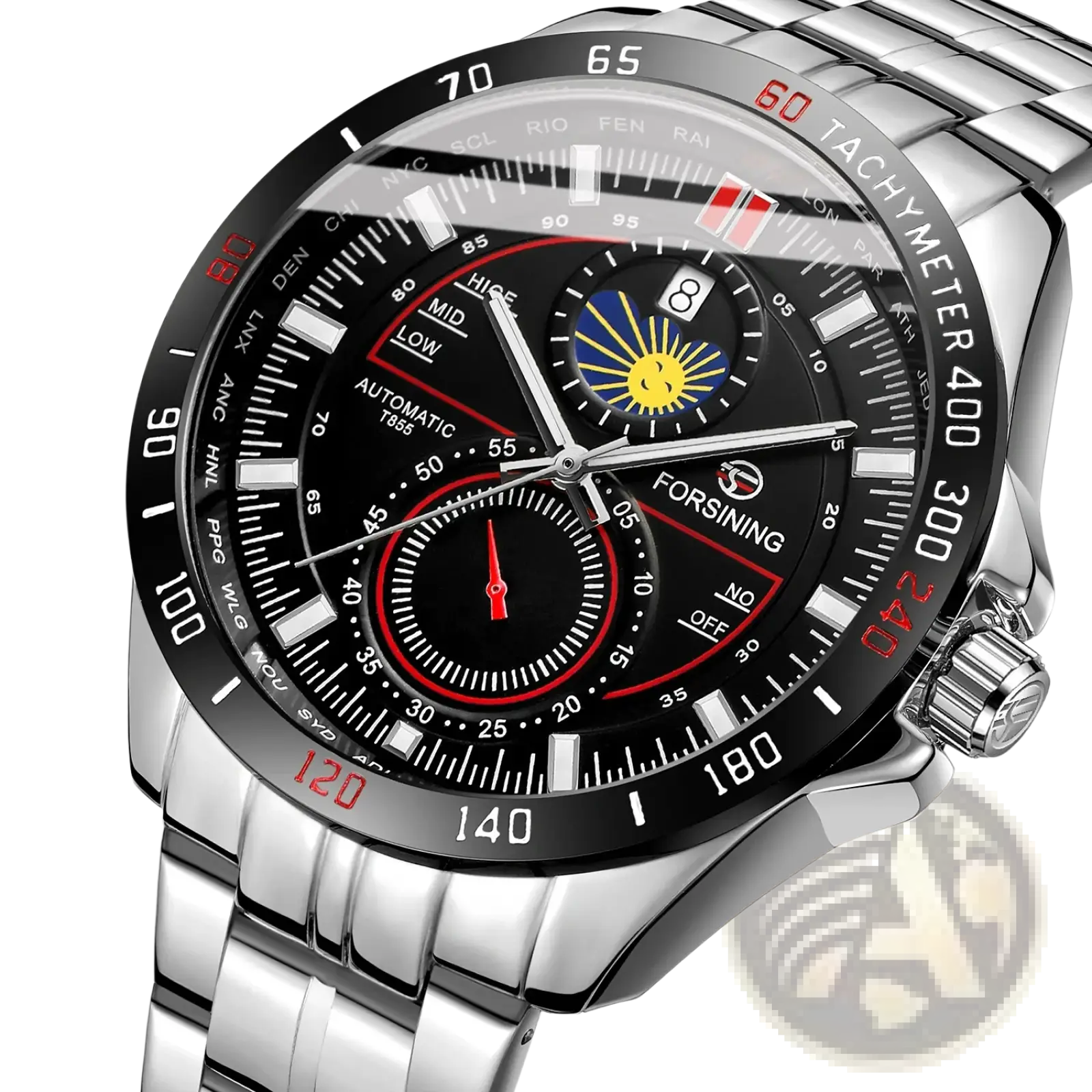 Forsining automatic mechanical men’s wristwatch in silver stainless steel with black dial, red accents, and yellow sun graphic