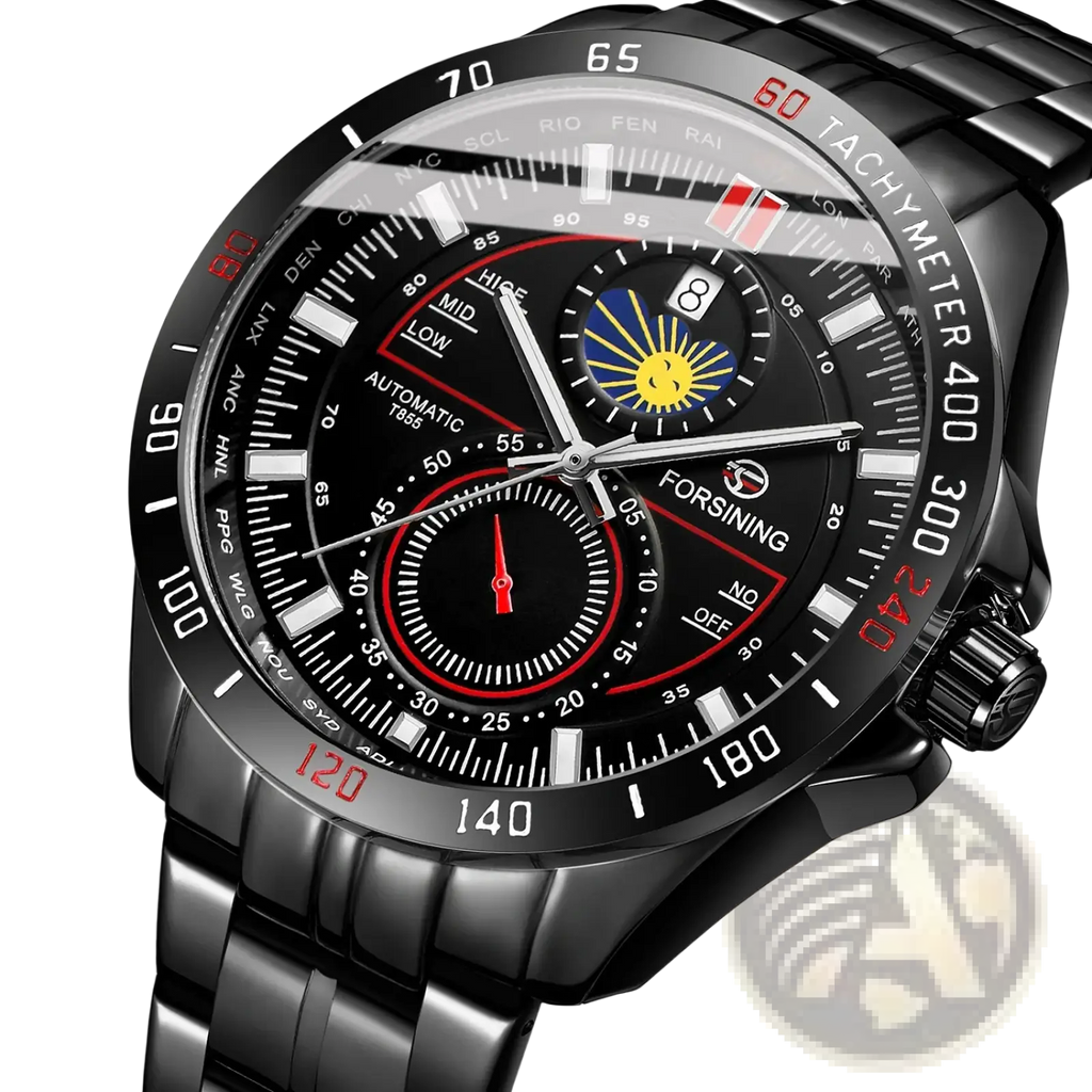 Forsining automatic mechanical watch in black stainless steel with red accents and a sun-themed subdial