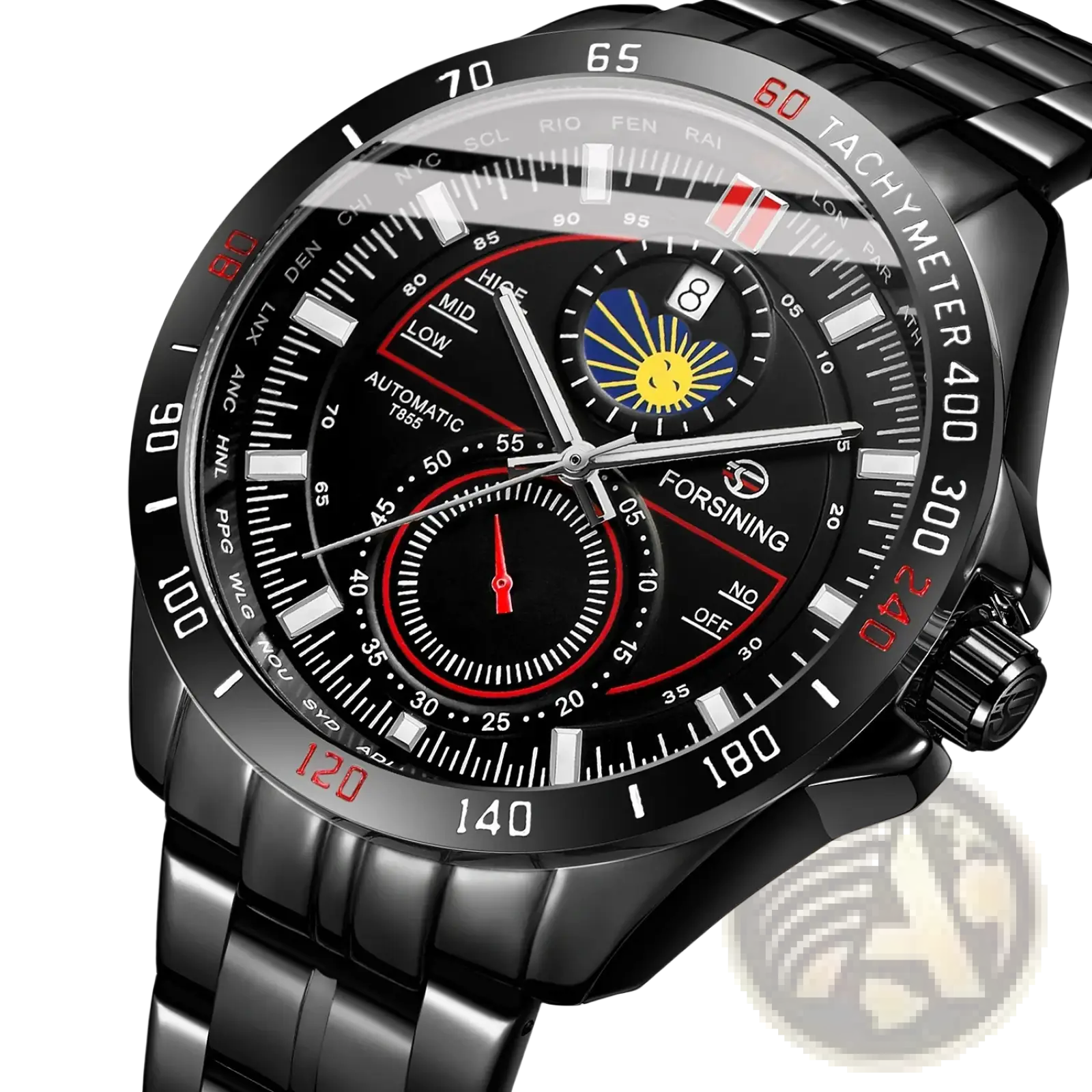 Forsining automatic mechanical watch in black stainless steel with red accents and a sun-themed subdial