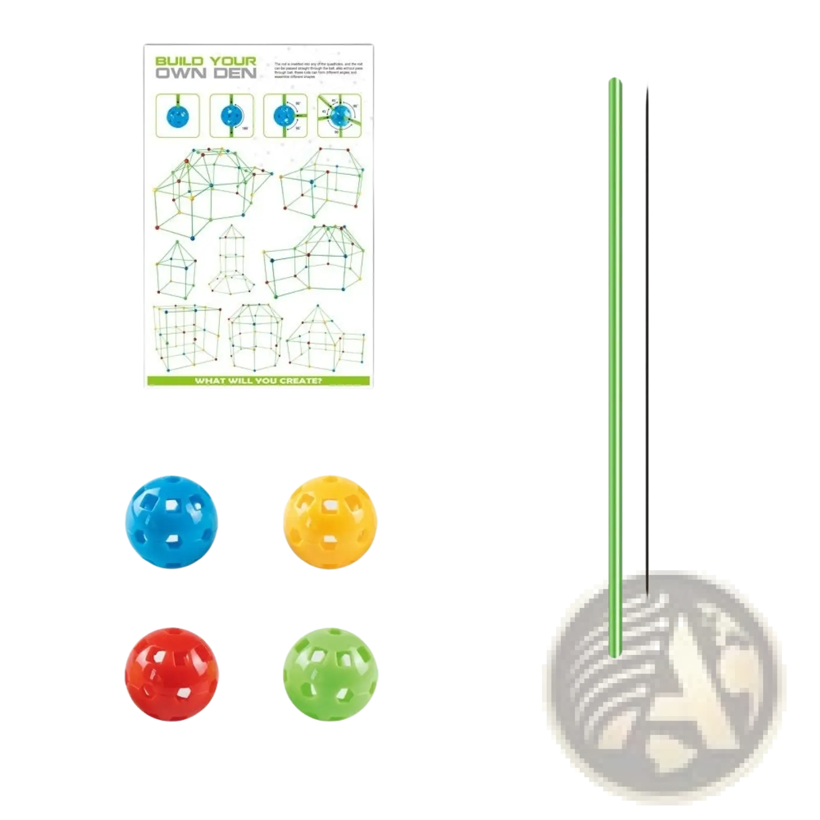 Brightly colored perforated plastic balls in blue yellow red and green for fort building kit glow in the dark kids tent set