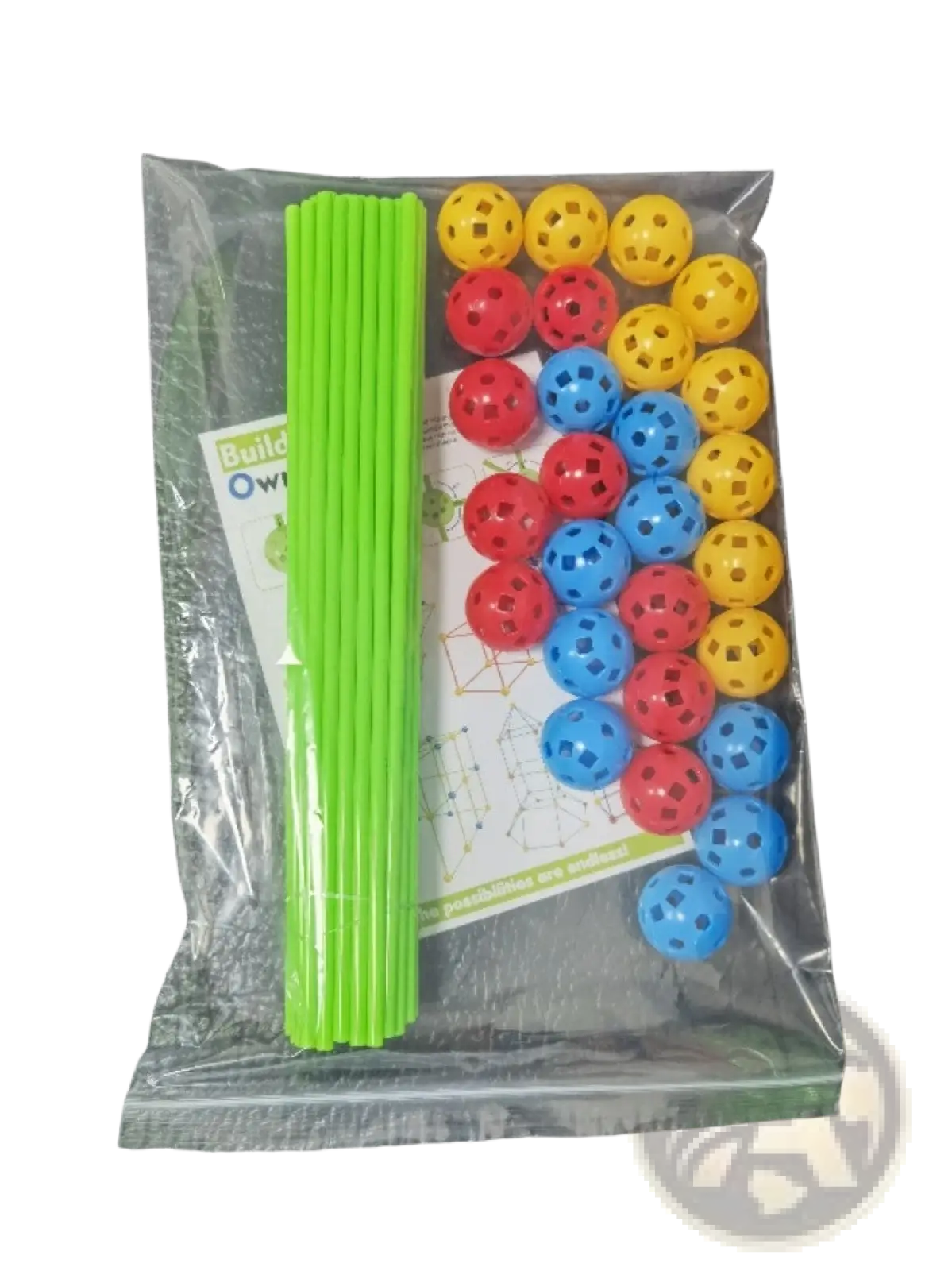 Bright green plastic rods and colorful perforated balls in red blue and yellow for Fort Building Kit glow in the dark tent set