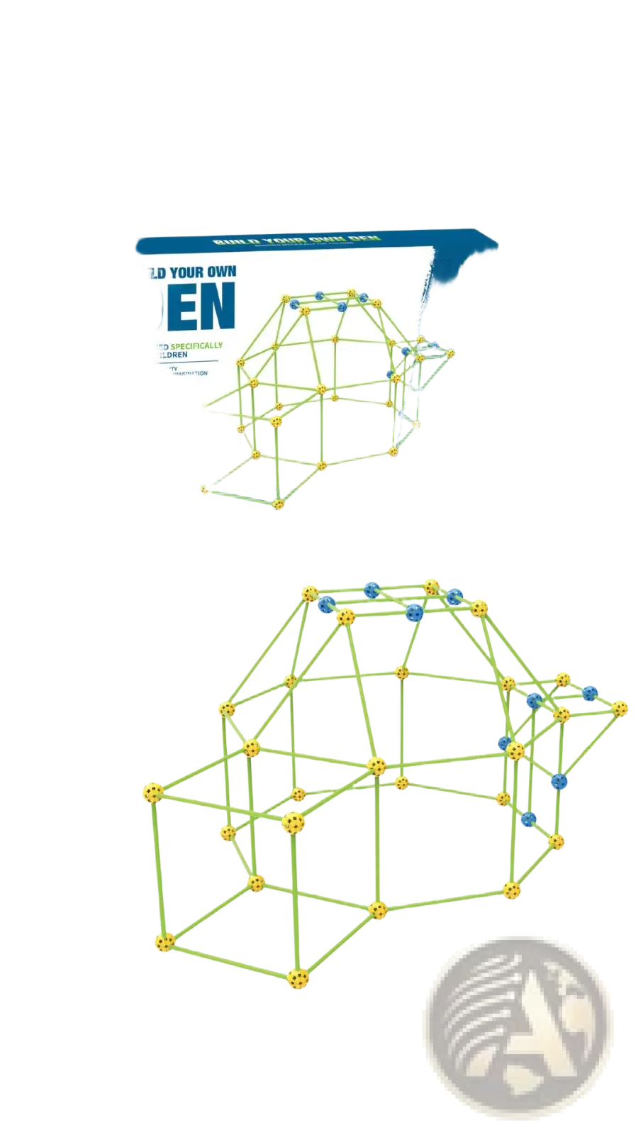 Green and blue plastic interlocking fort building kit glow in the dark designed for children to construct a den
