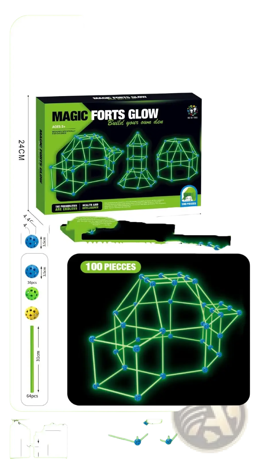 Green glow-in-the-dark plastic magic forts building kit with 100 pieces for kids aged 3 plus tent set