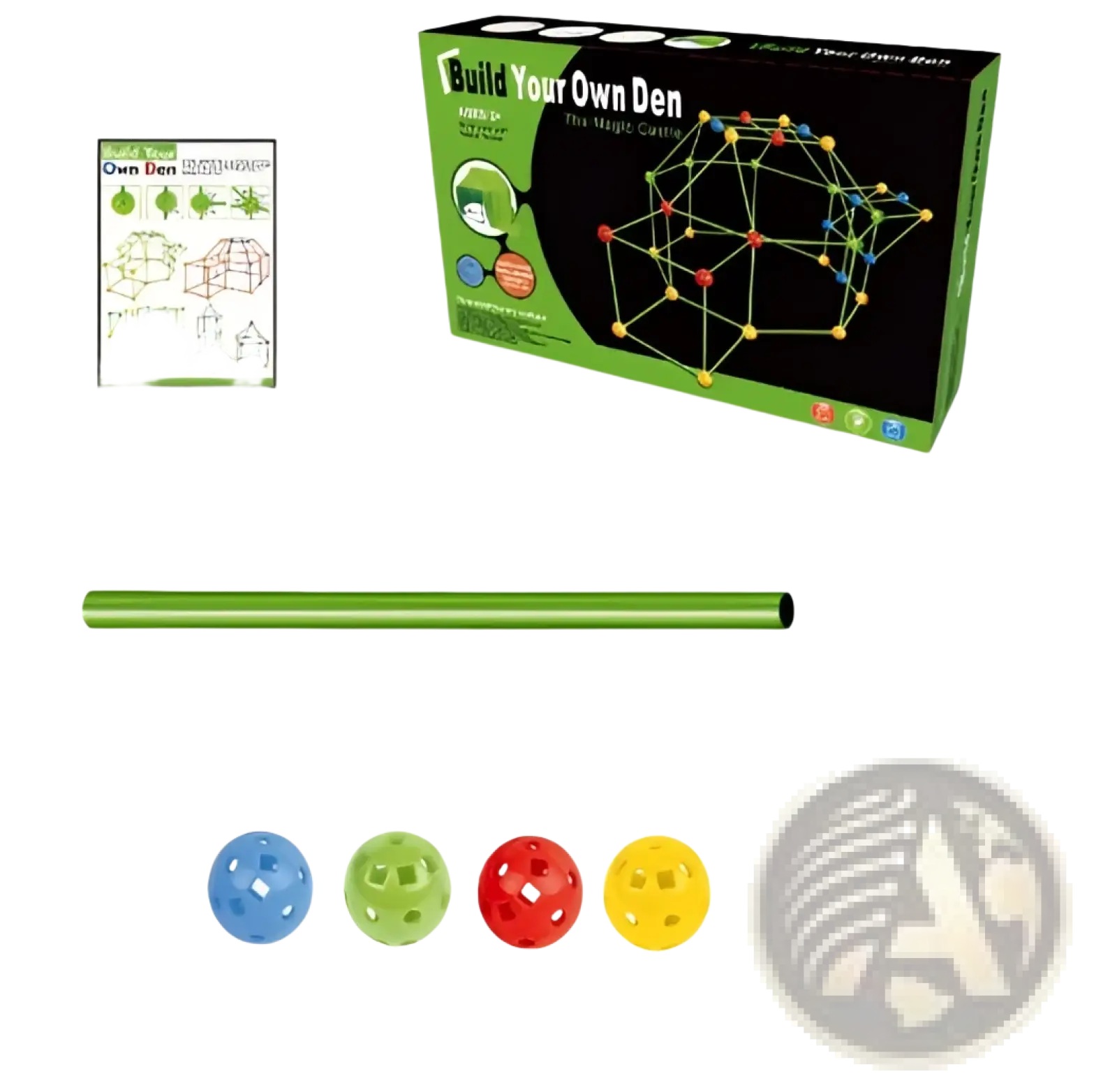 Green metallic tubes with 100 pieces and five colorful plastic balls for fort building kit glow in the dark kids tent set