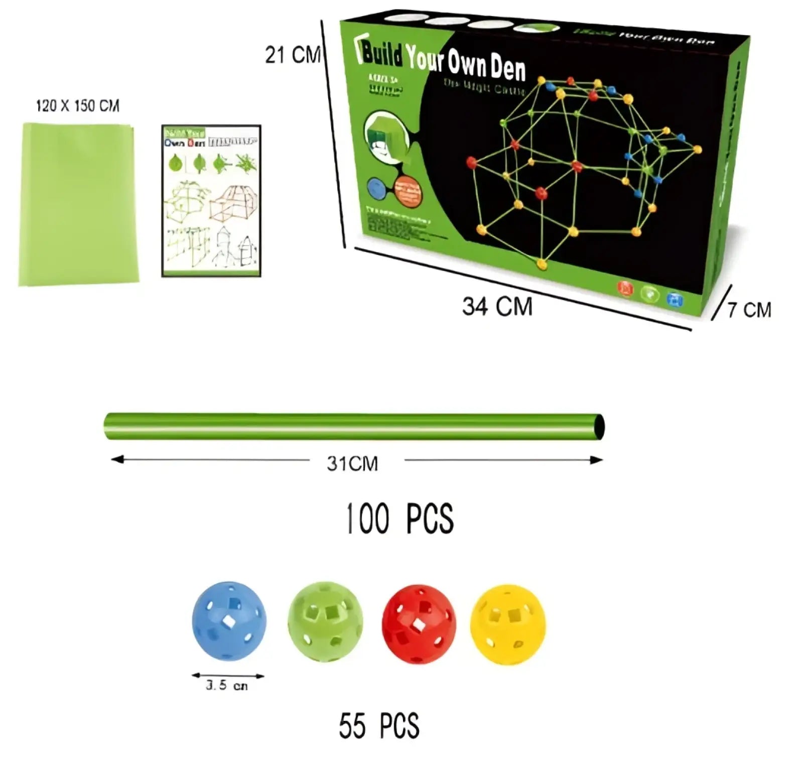 Green plastic fort building kit with colorful spherical connectors and long rod for kids glow in the dark tent set