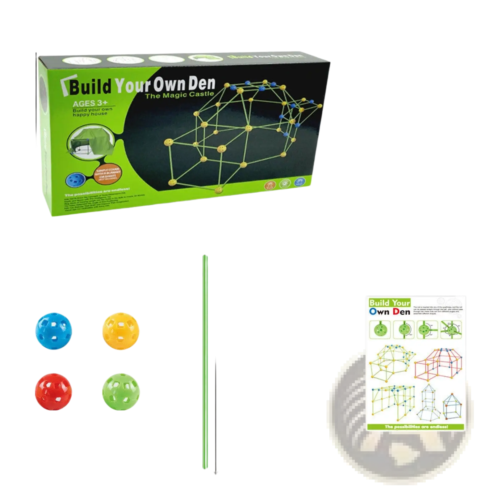 Fort building kit glow in the dark kids tent set with green yellow plastic sticks and multicolor perforated balls for castle building