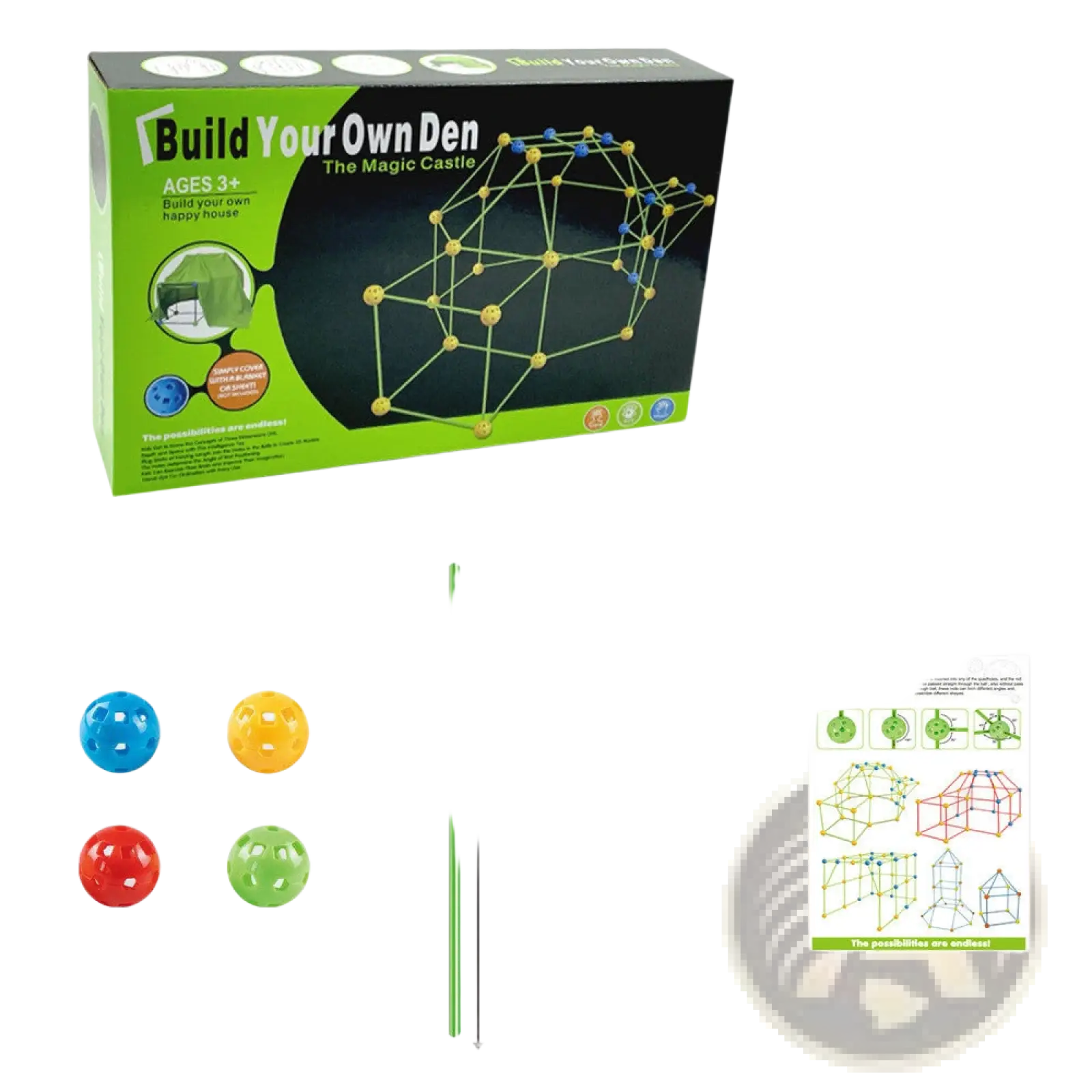 Fort building kit glow in the dark kids tent set with colorful plastic balls and green sticks for imaginative structures