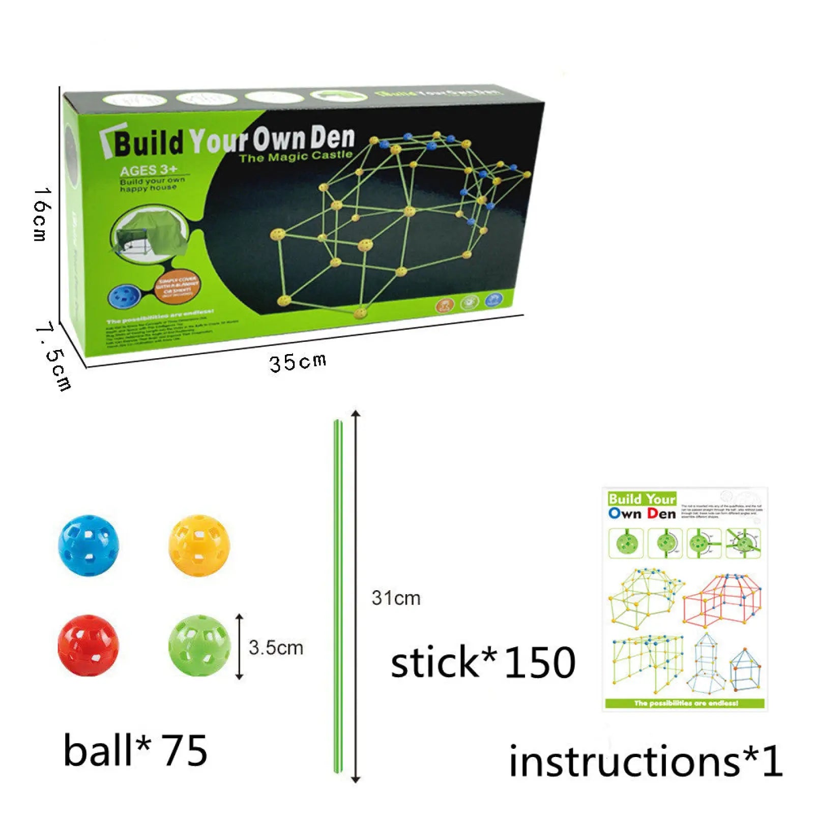 Green and blue plastic sticks with yellow connectors for building a castle den in a fort building kit glow in the dark tent set