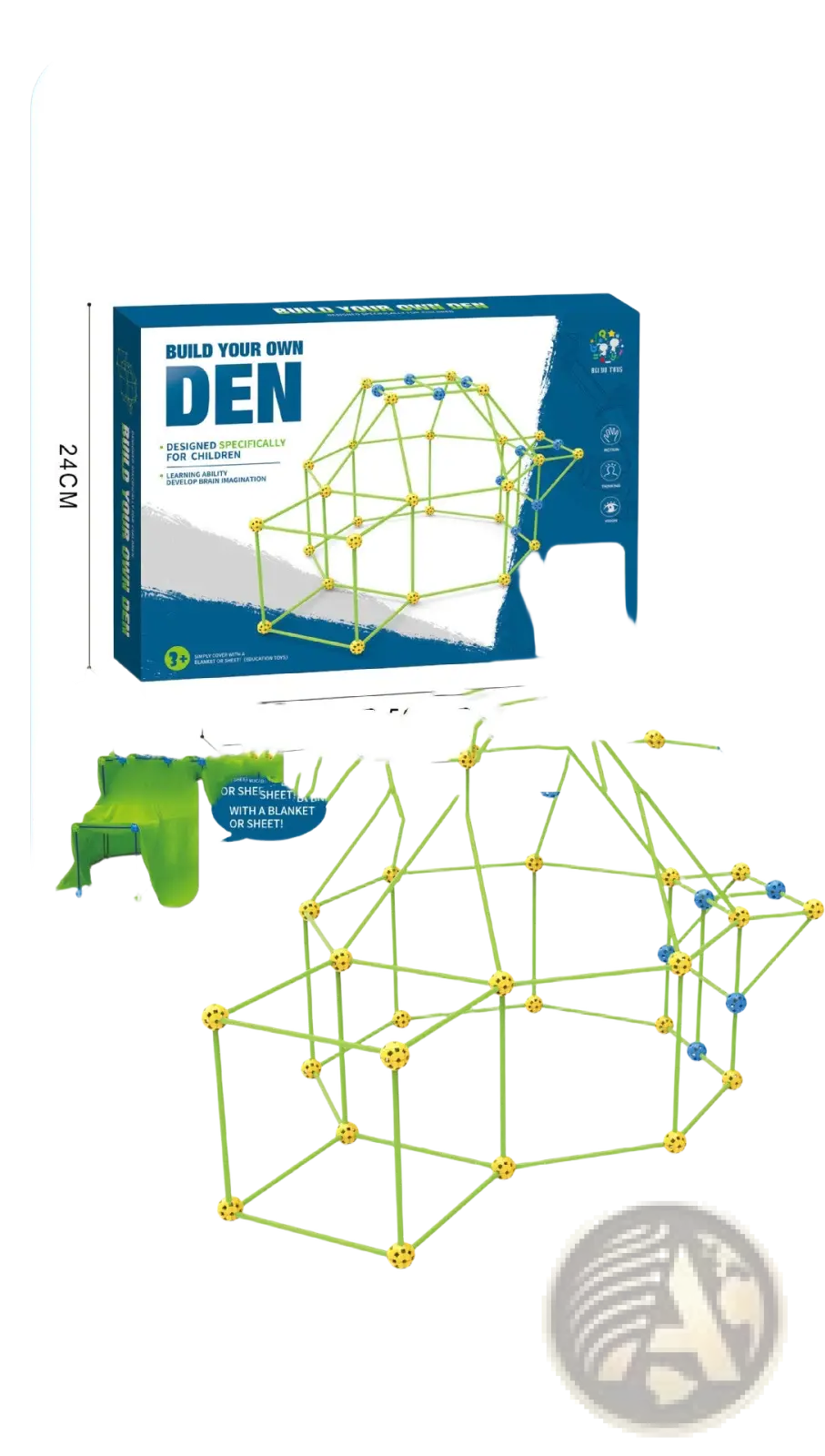 Green and yellow plastic interlocking sticks with round connectors form a geometric play den in fort building kit glow in the dark tent set