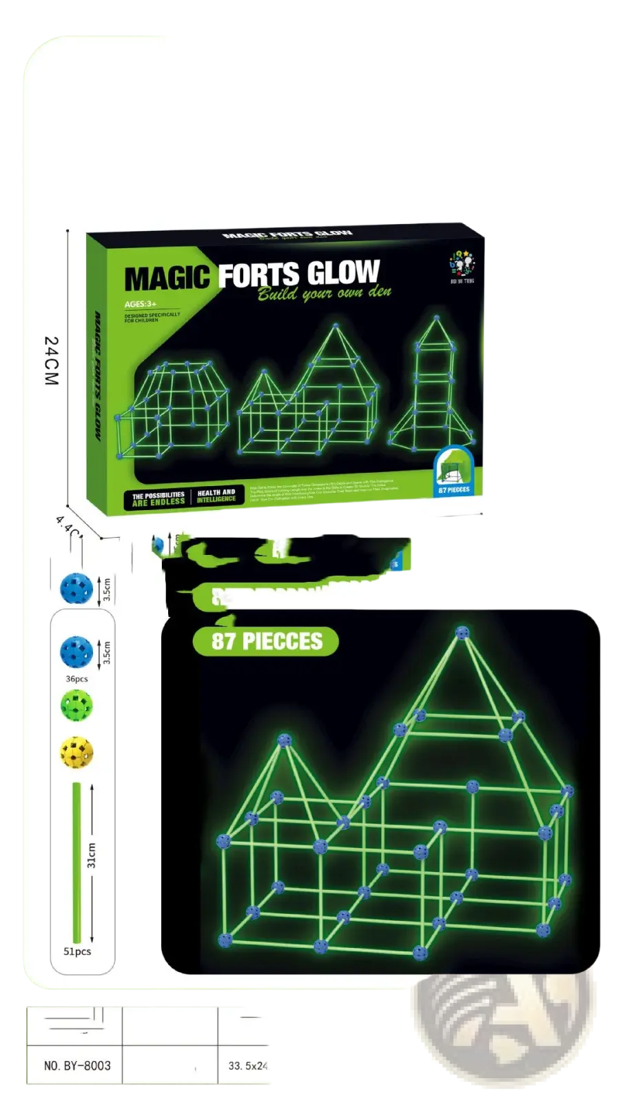 Green glowing plastic interlocking pieces and blue spherical connectors for the magic forts glow in the dark kids tent set