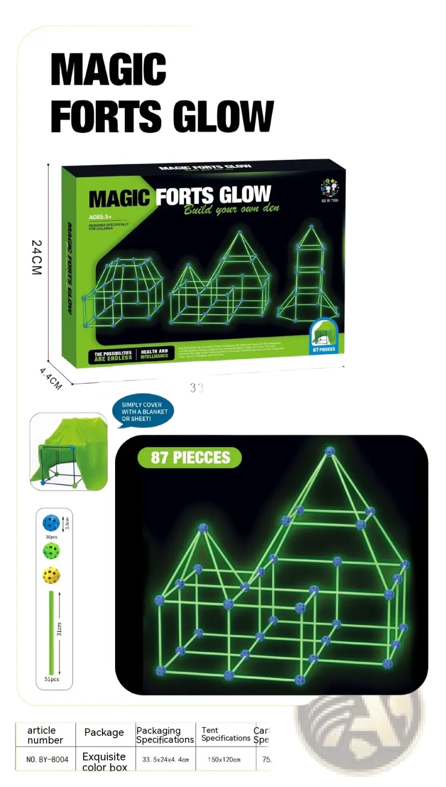 Green glow in the dark fort building kit with 87 plastic pieces for constructing illuminated kids tents and towers