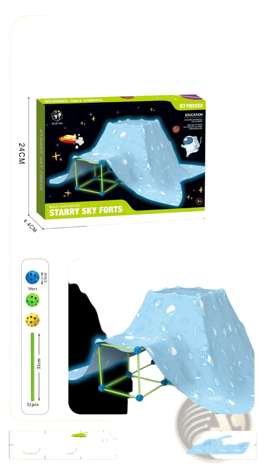 Starry sky forts building kit featuring glow in the dark blue translucent fabric and green connectors for kids tents