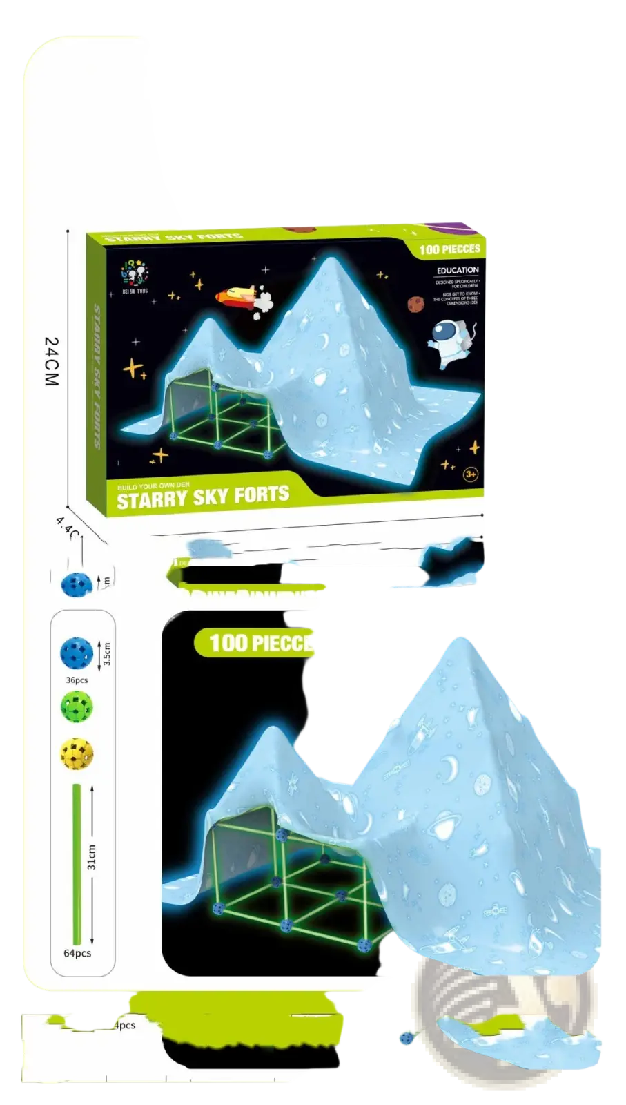 Fort building kit glow in the dark kids tent set with glowing blue and green translucent plastic pieces under starry sky design