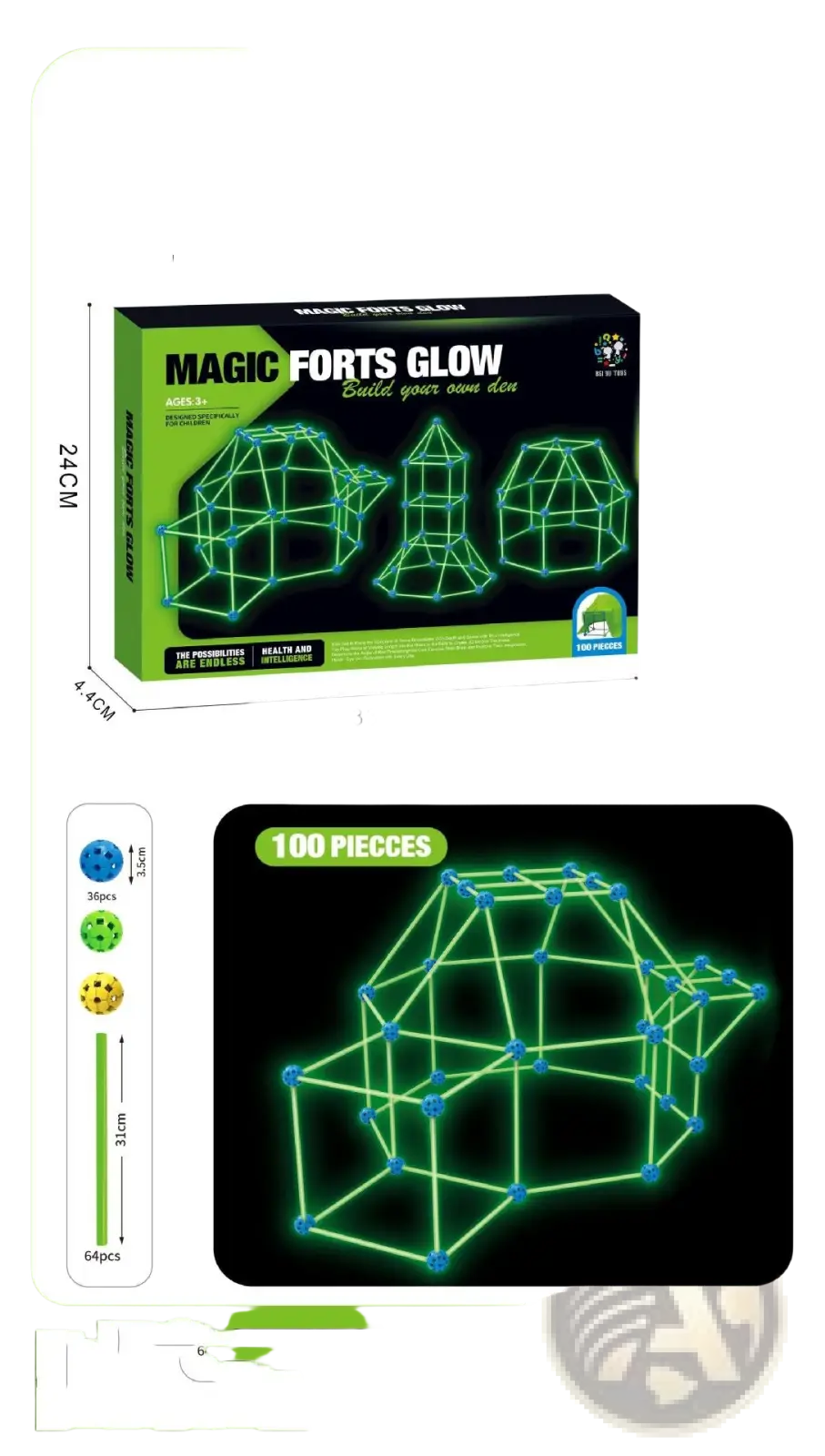 Glowing green plastic and metal connectors for fort building in magic forts glow box for kids glow in the dark tent set