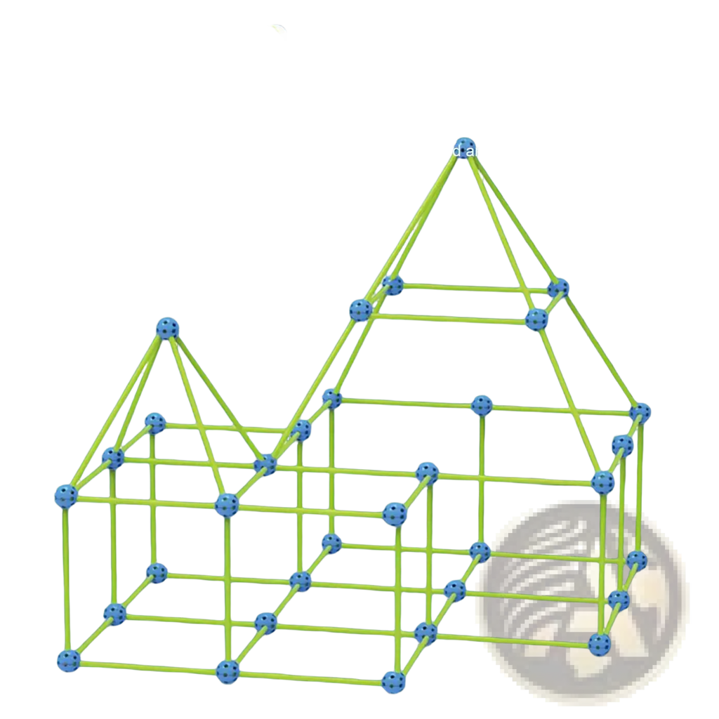Bright yellow plastic interlocking rods with blue connectors form a glowing geometric fort building kit for kids tent set
