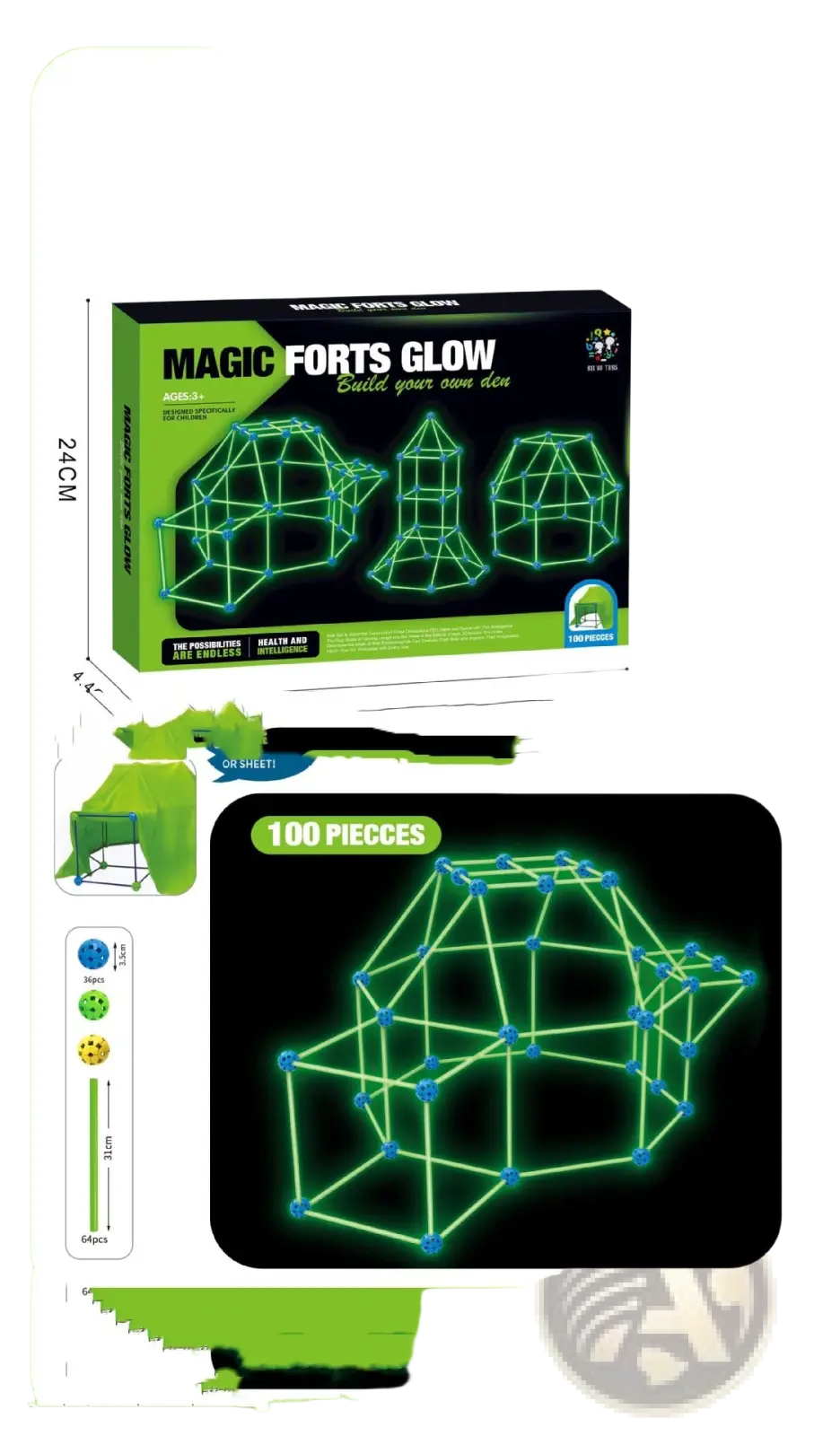 Green glowing plastic interlocking pieces for building forts in the fort building kit glow in the dark kids tent set