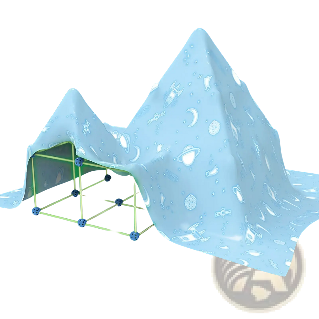 Fort building kit glow in the dark kids tent set with translucent light blue fabric canopy and green glowing frame connectors