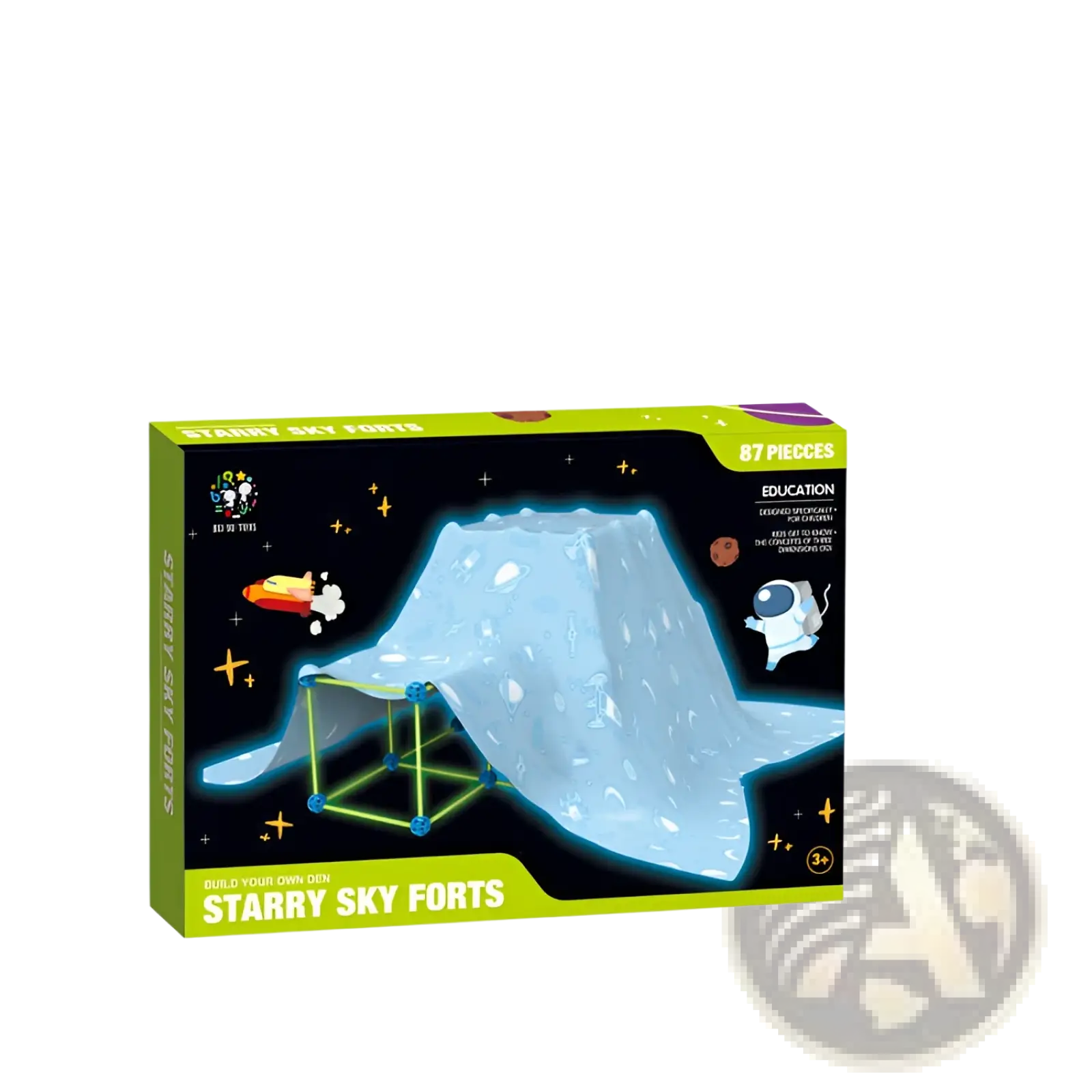 Fort building kit glow in the dark kids tent set with glowing blue translucent fabric canopy and green plastic connectors