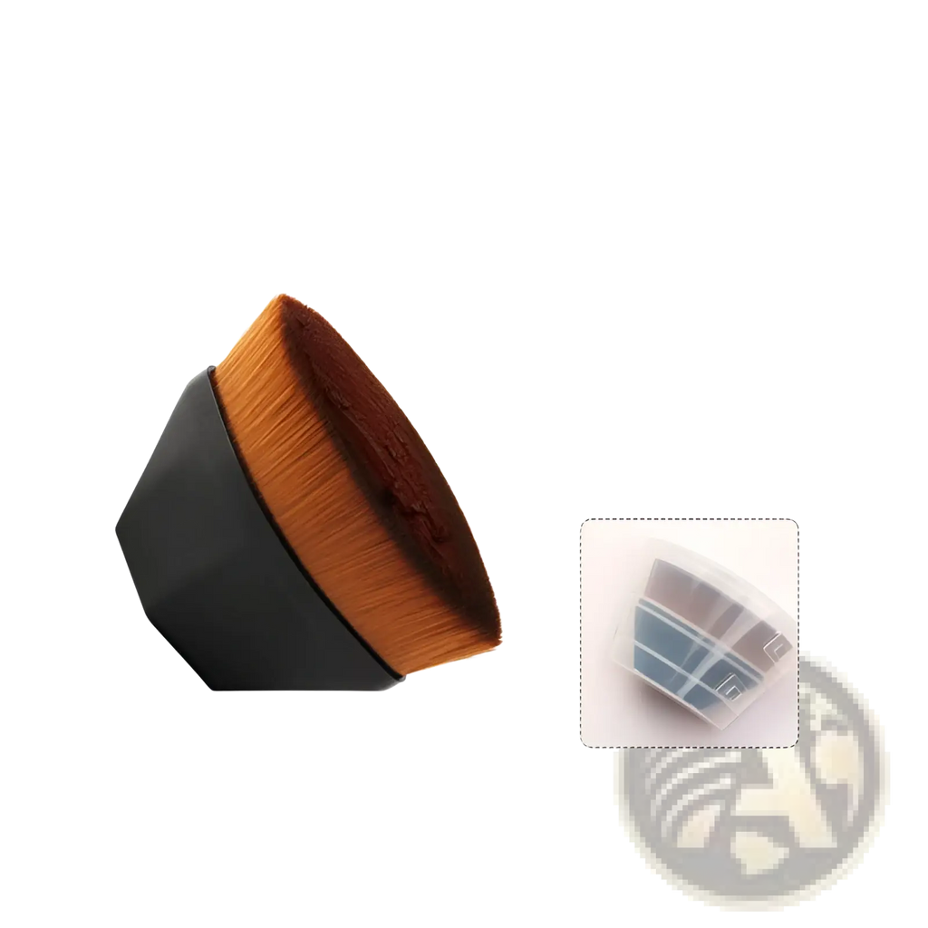 Black hexagonal handle foundation brush with dense orange-brown synthetic bristles for powder makeup application