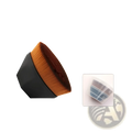 Black hexagonal handle foundation brush with dense orange-brown synthetic bristles for powder makeup application