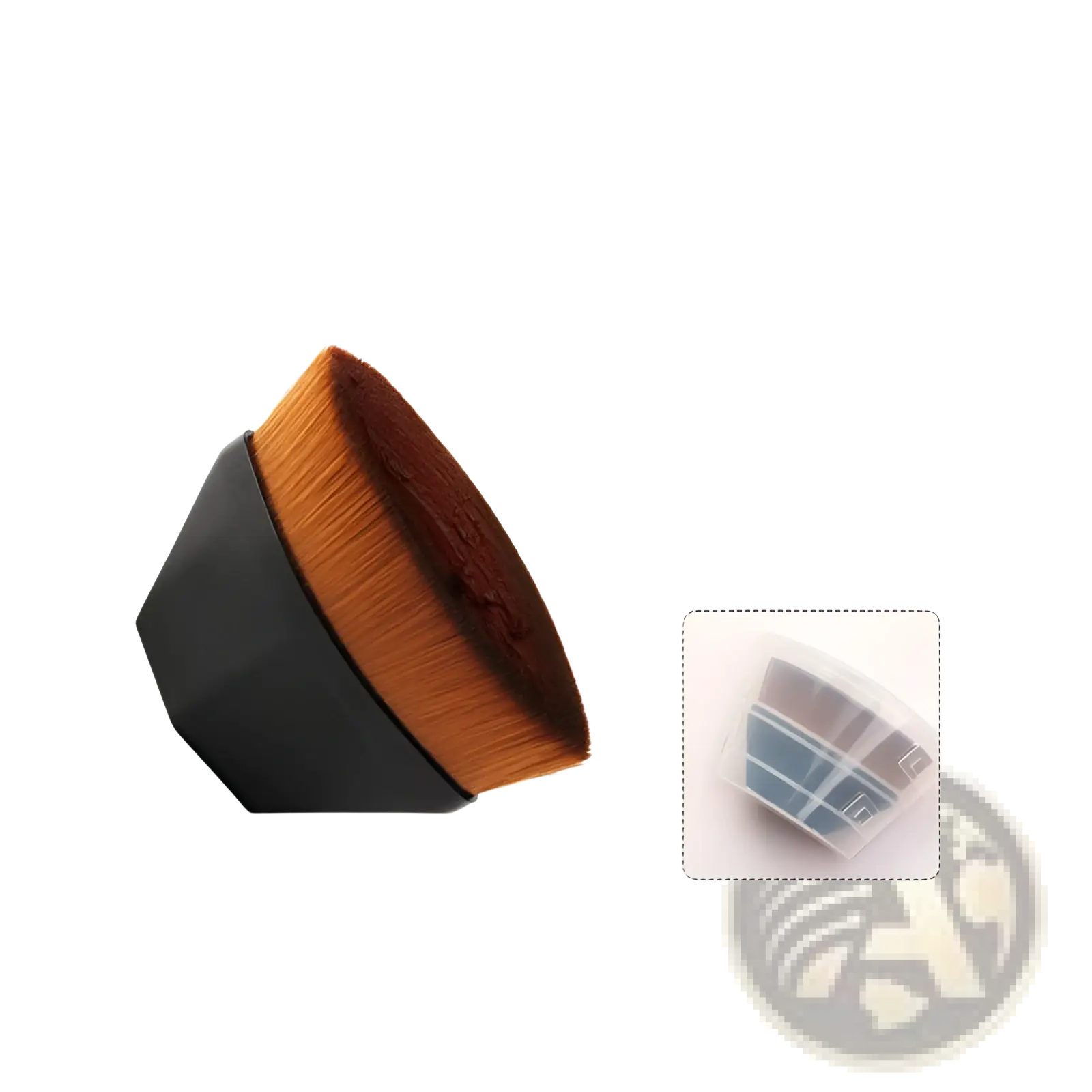 Black hexagonal foundation brush with dense golden-brown bristles for powder makeup in a set with case