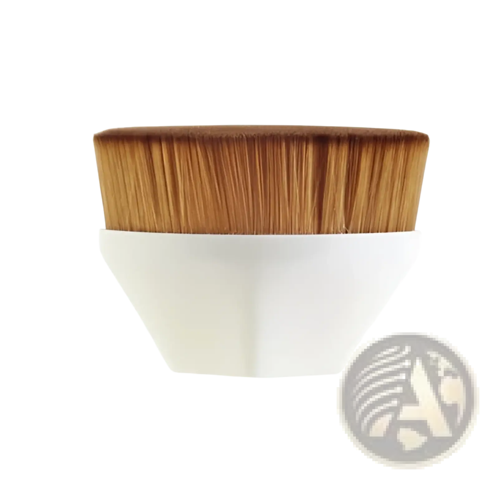 A sleek white plastic foundation brush with dense light brown bristles for makeup application with case