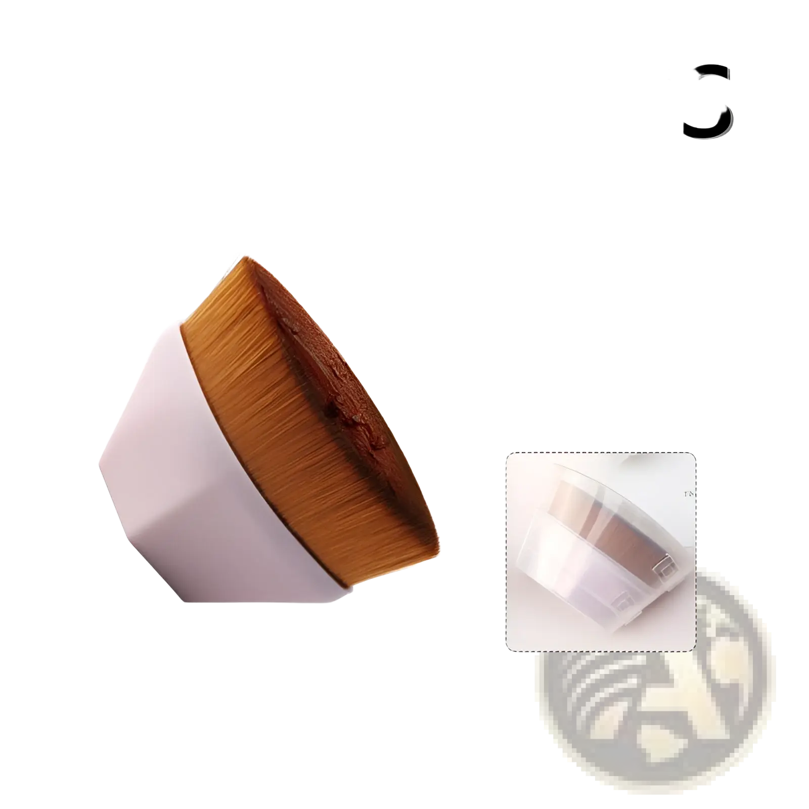 A sleek hexagonal foundation brush with soft brown bristles and a matte white handle in powder makeup set case