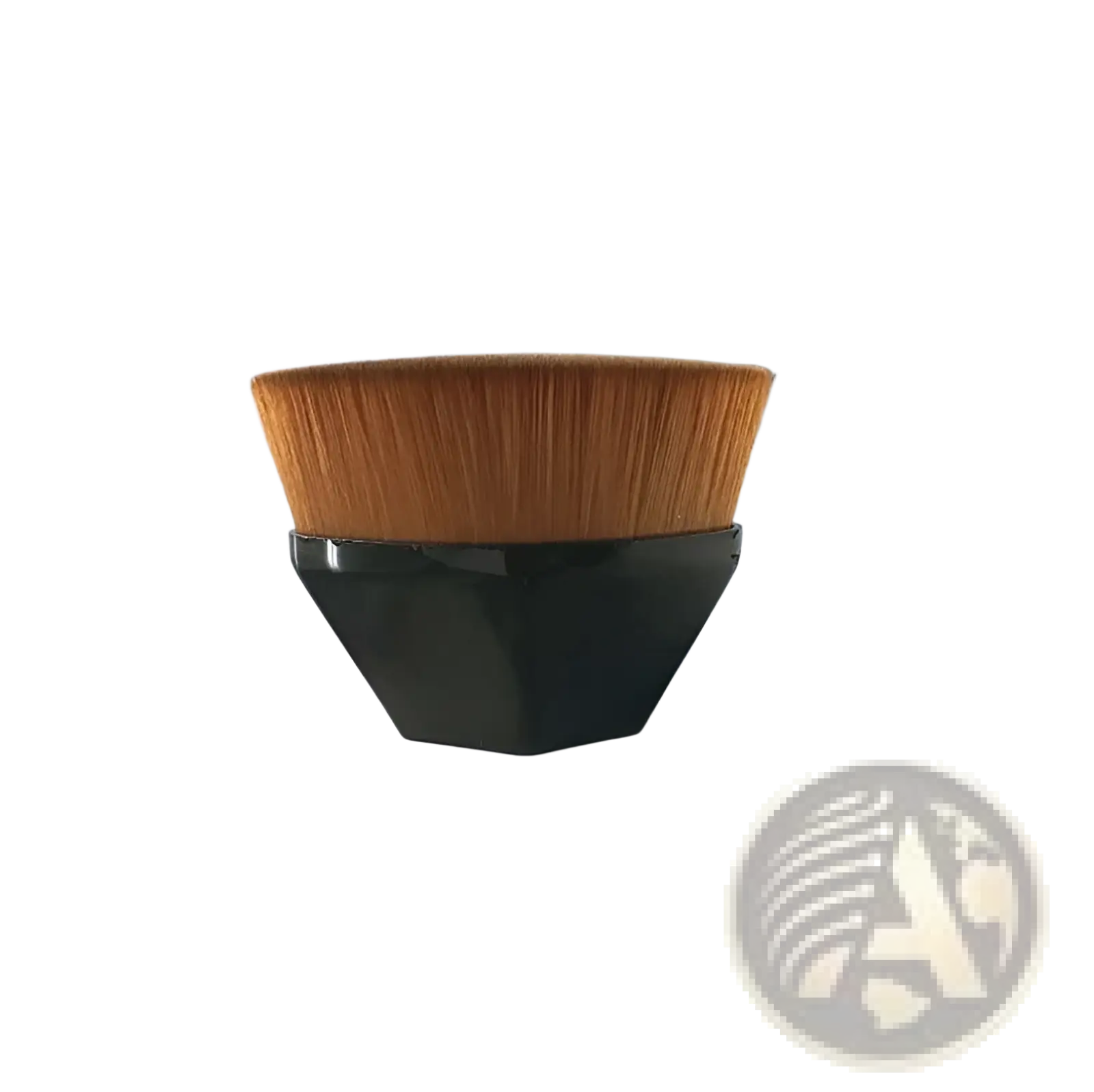 A sleek black hexagonal handle foundation brush with a dense golden brown bristle head for powder makeup