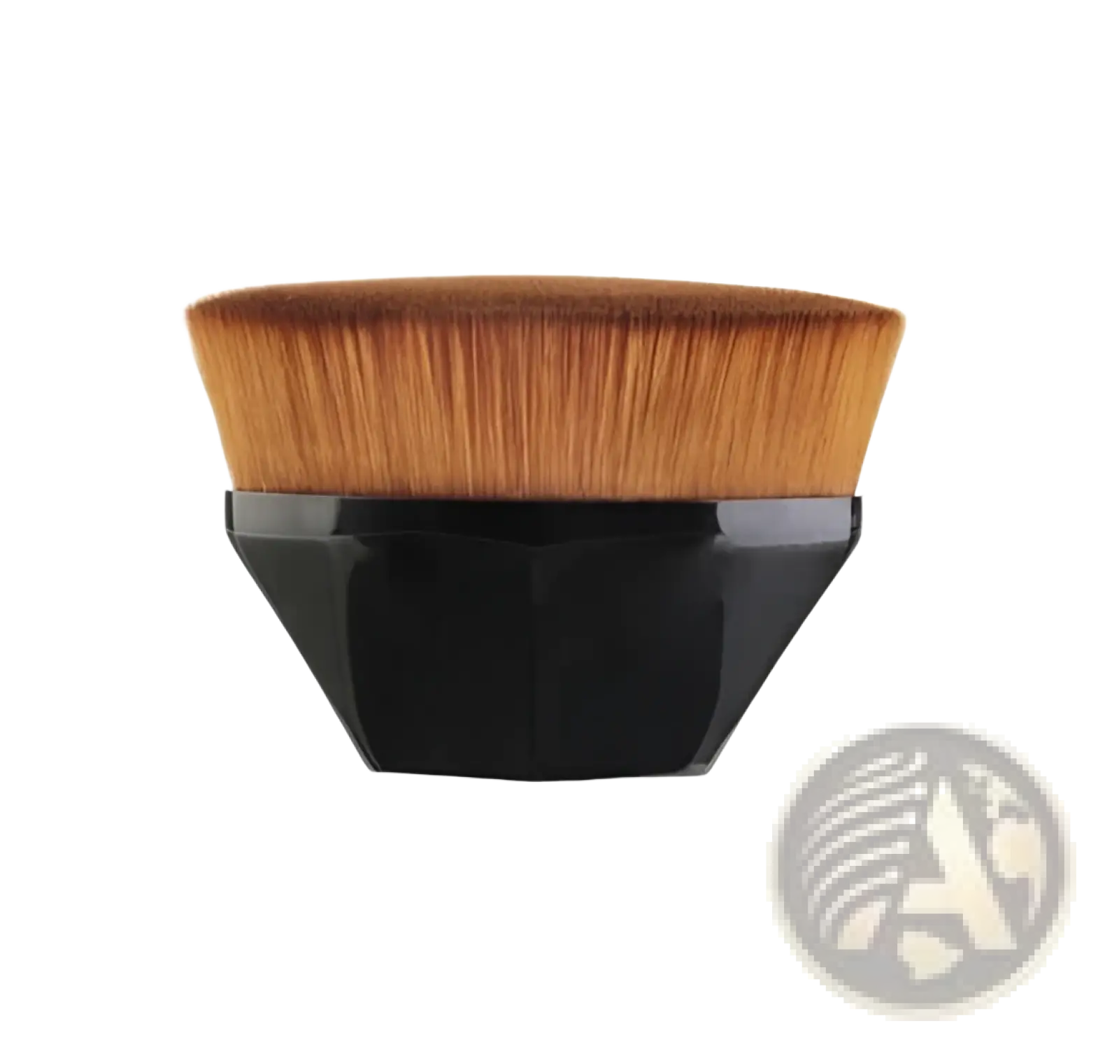 Black hexagonal foundation brush with dense golden brown bristles for powder makeup in a set with case