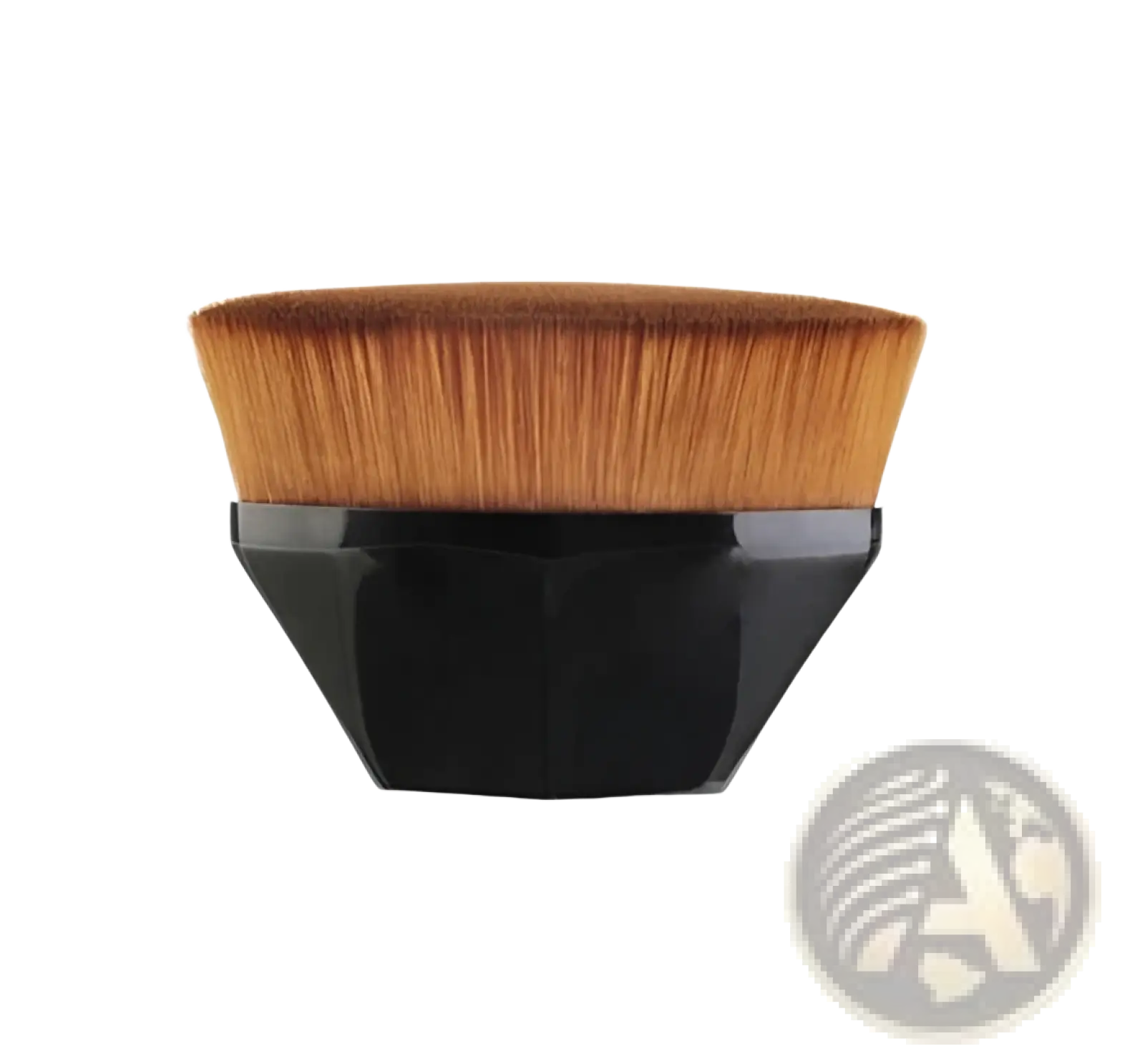Black hexagonal foundation brush with dense golden brown bristles in powder makeup set with case