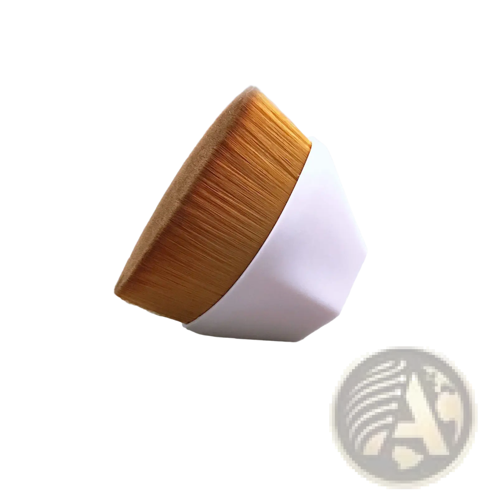 A sleek white geometrically shaped foundation brush with dense golden brown bristles for powder makeup application