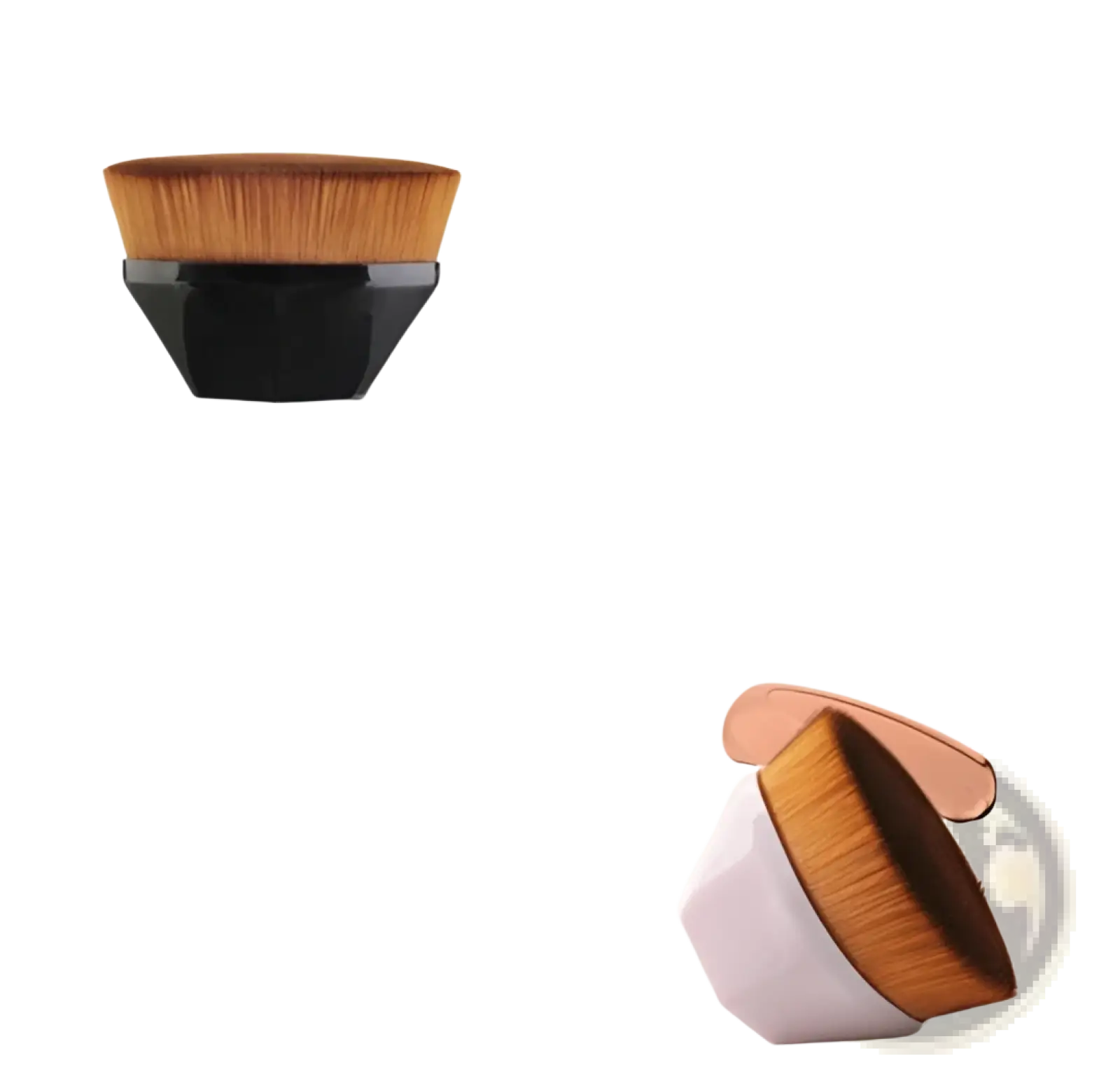 Foundation brush and powder makeup set featuring black and pink angled brushes with dense golden brown bristles and geometric handles