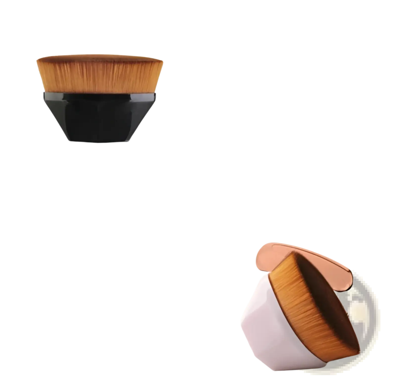 Foundation brush and powder makeup set with black and pink geometric handles and dense golden brown bristles
