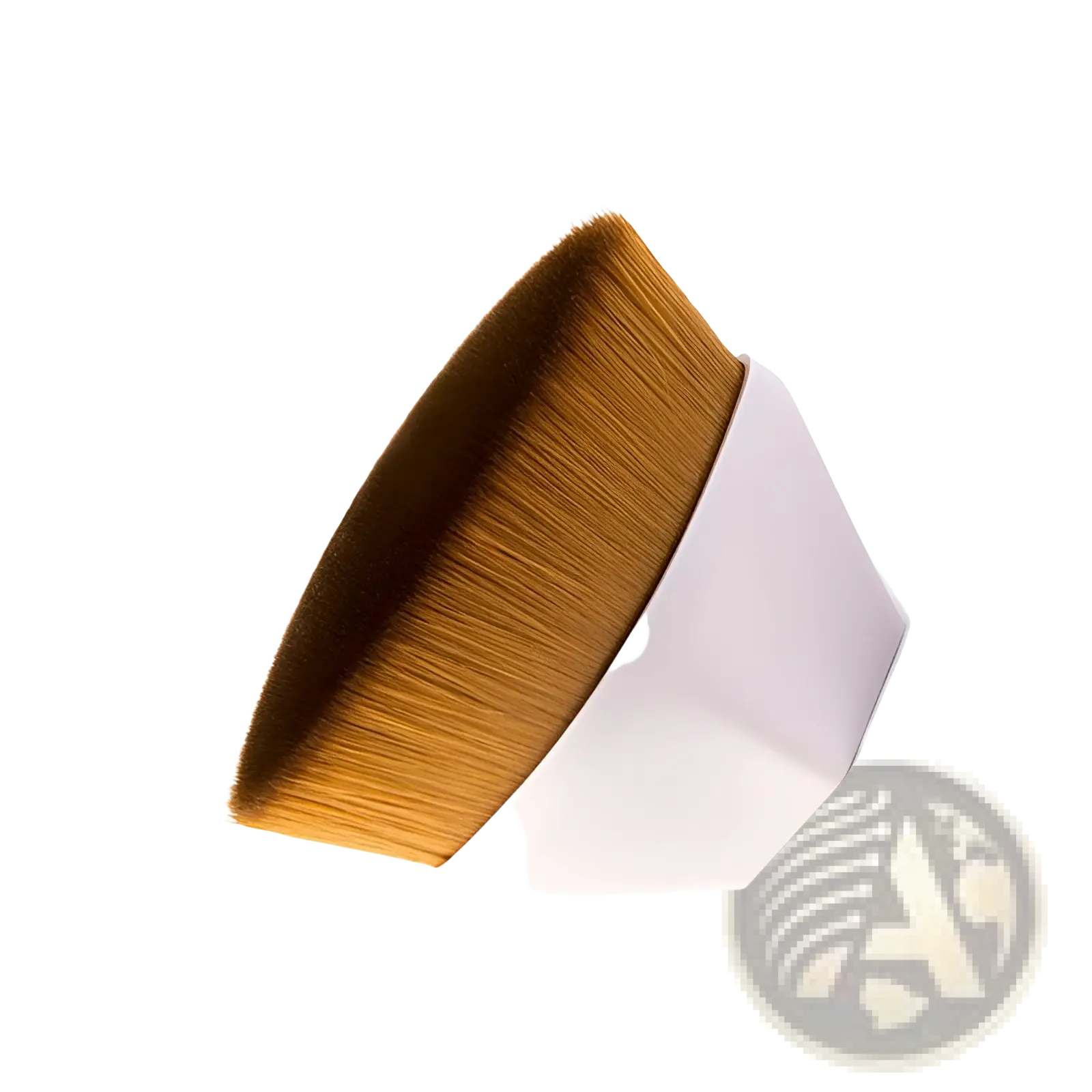 A sleek white foundation brush with dense golden-brown bristles angled for precise powder makeup application