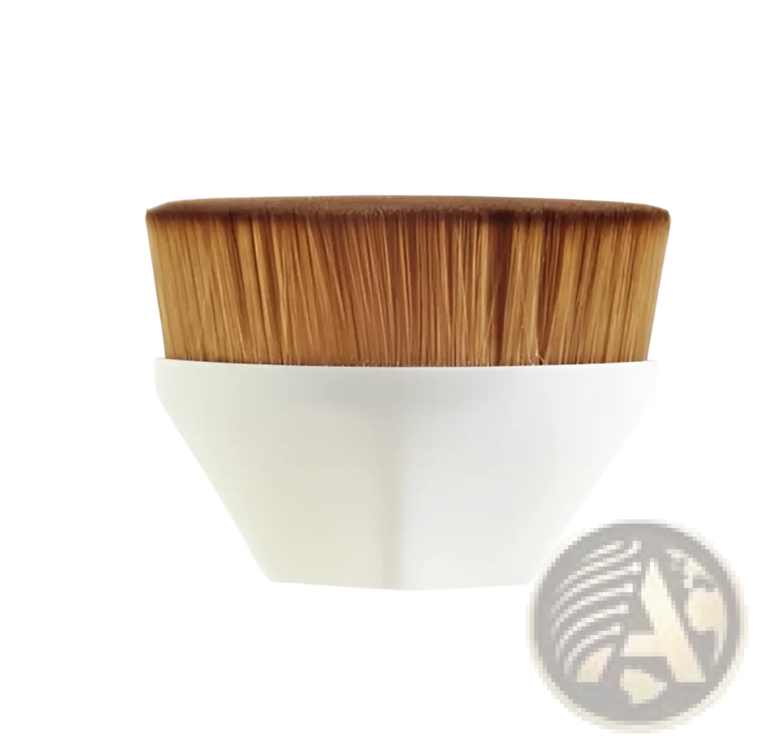 A sleek white plastic foundation brush with dense light brown bristles from a powder makeup set with case