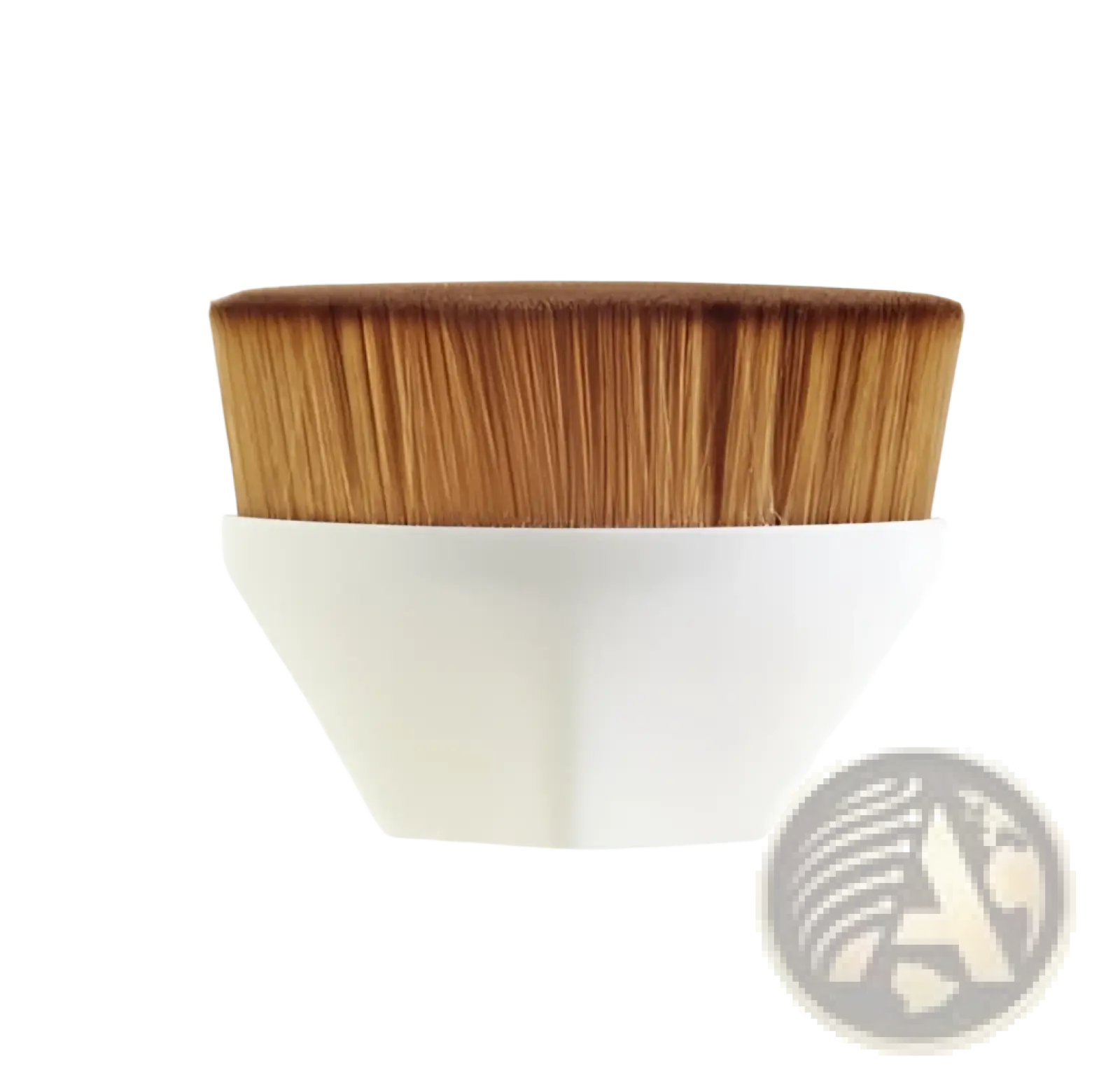 White hexagonal foundation brush with densely packed light brown bristles for powder makeup set with case